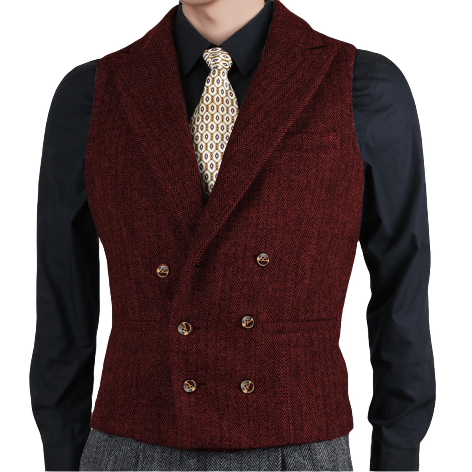 Yiaisafa Men's Burgundy Double-Breasted Waistcoats Closure Collar Tweed Vest Suits Herringbone Wool Groomsman Vintage Wedding Retro(,Xxxl)