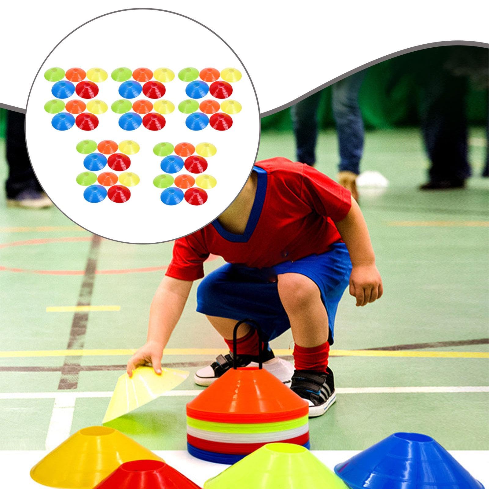 Paquete de 50 conos de entrenamiento de disco plano PETG para fútbol, baloncesto y fútbol, paquete de 50 unidades, con bolsa de transporte