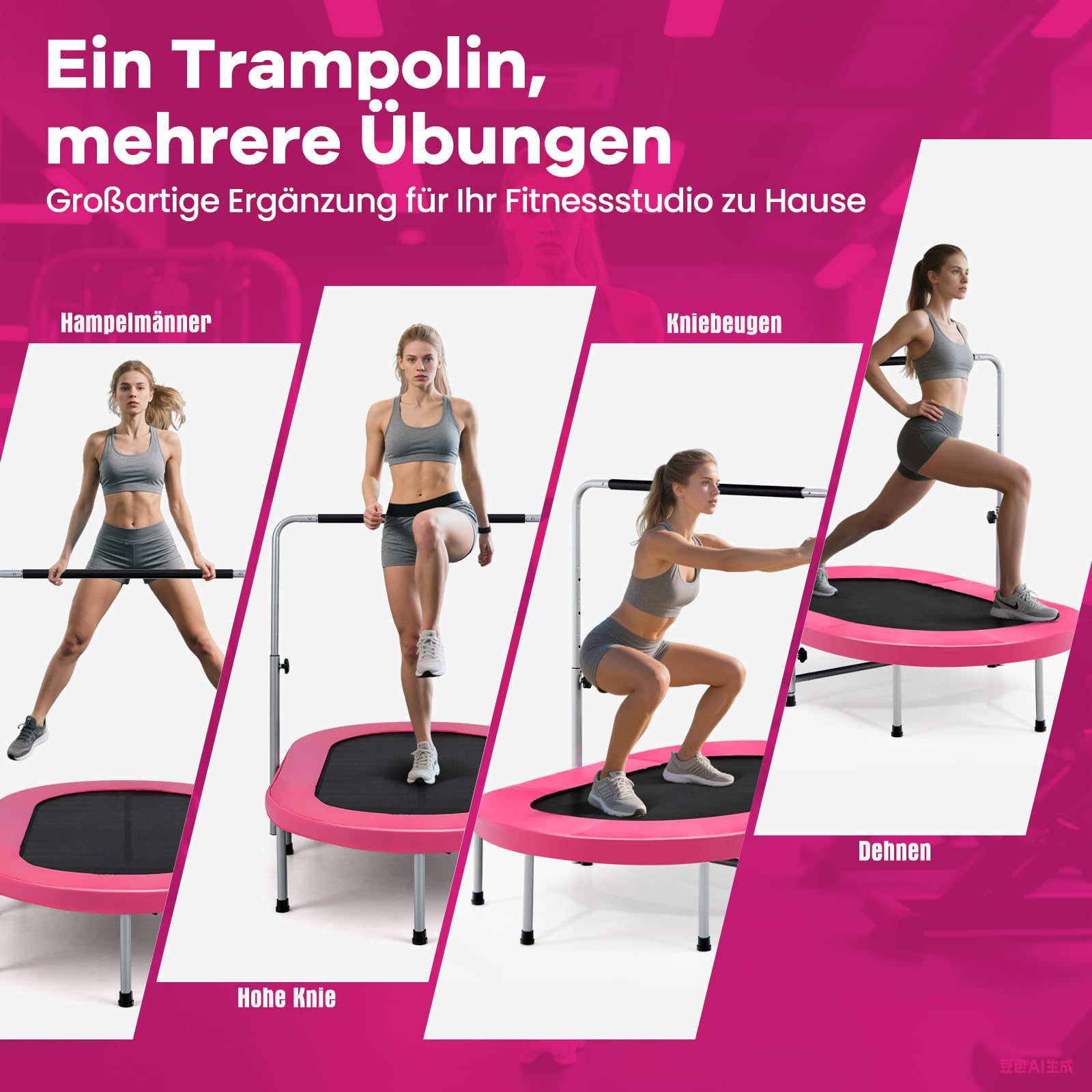 GOPLUS Trampolin Indoor für 2 Kinder, 154x90cm Kindertrampolin klappbar mit 5 stufiger Verstellbarer Handlauf, Fitnesstrampolin bis 150kg Belastbar, für Jumping Training