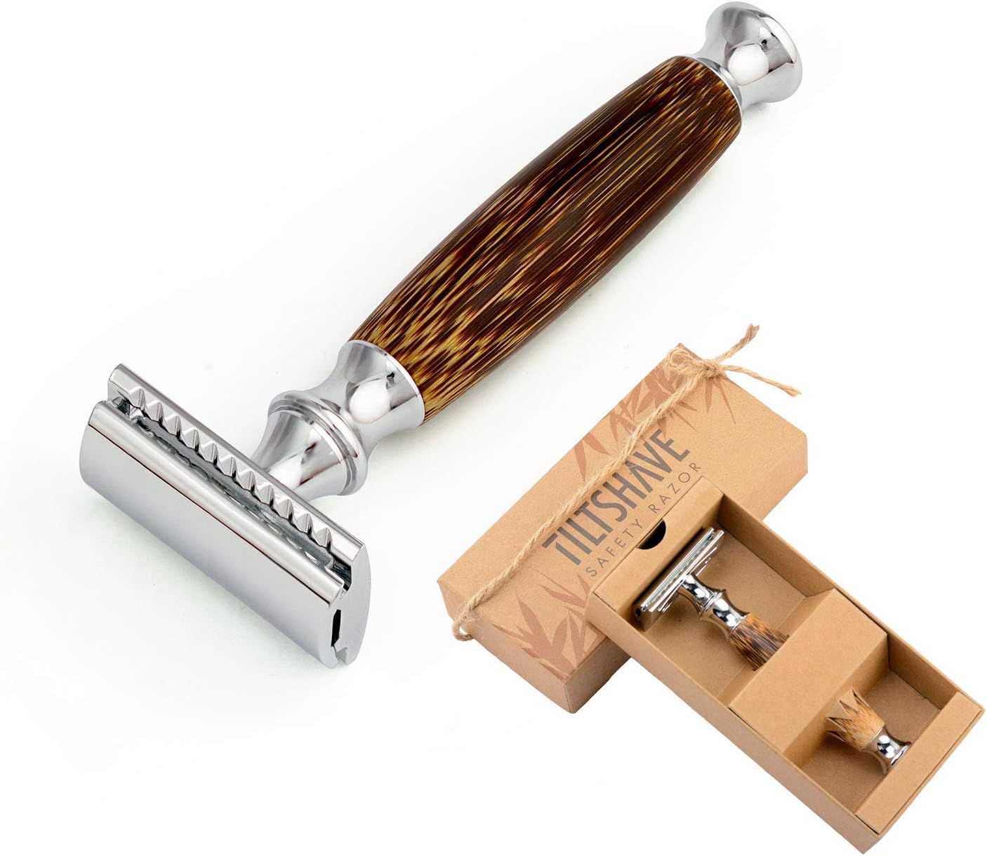 Double Edge Safety Razor with Long Natural Bamboo Handle | for Men & Women | Safety Razor Wood | Eco Friendly | Sustainable and Durable | Fits All Double Edge Razor Blades | TILTSHAVE