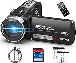 Câmera de vídeo Ultra HD 4K com 48MP,Filmadora,Zoom digital de 18X, Tela sensível ao toque de 3,0 polegadas, Visão noturna por infravermelho, Webcam,2 baterias, remoto infravermelho, Cartão de 32GB