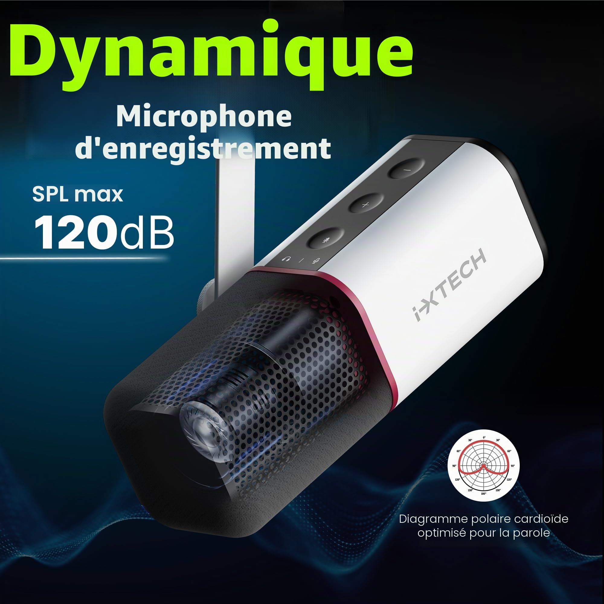 IXTECH Microphone Dynamique cardioïde avec Cache-Micro, Microphone Vocal USB XLR pour podcasting, Streaming, Enregistrement, Jeux et Voix Off (Blanc)
