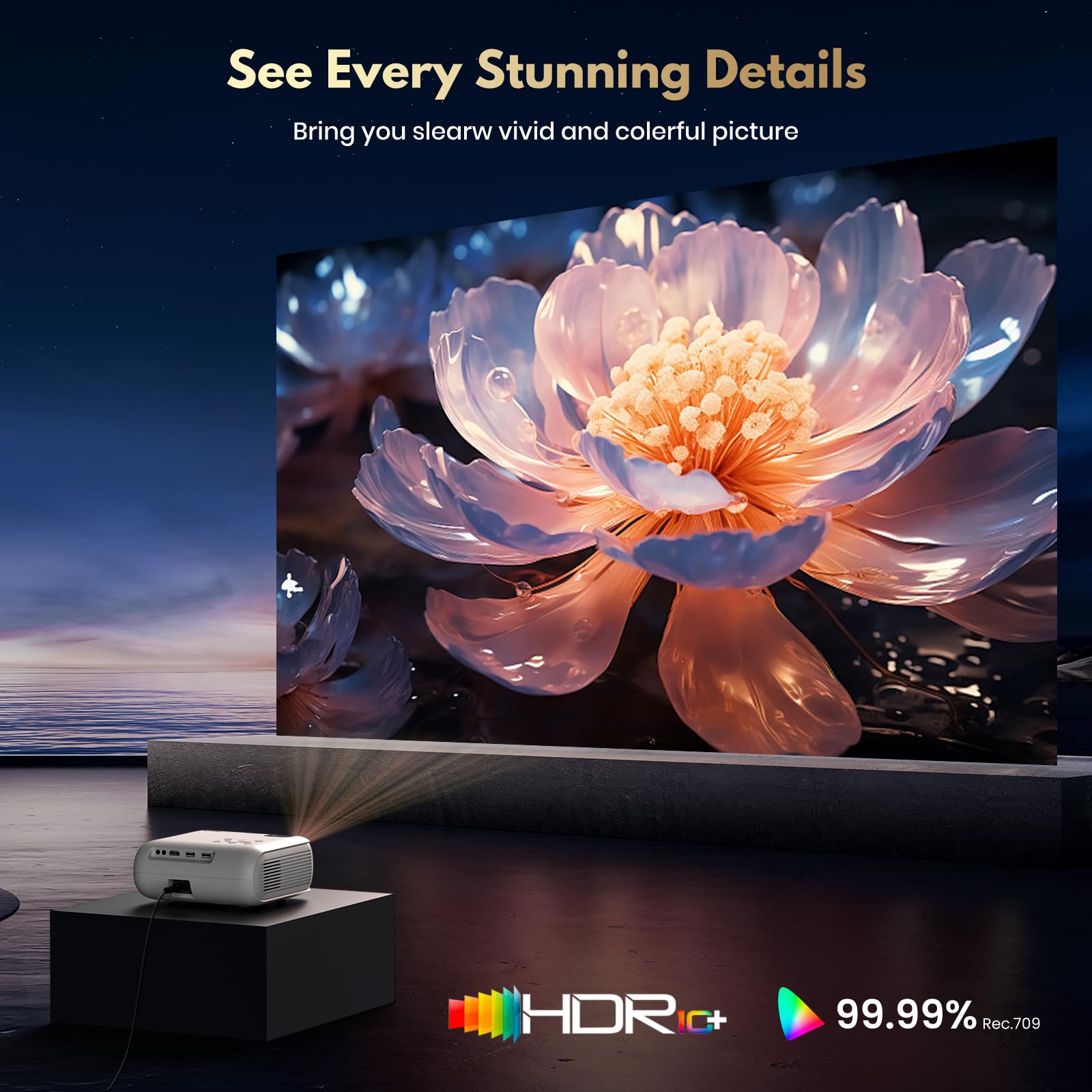 Mini proiettore FHD 4K, basso rumore, 450ANSI, adatto alla luce diurna, chiave automatica, altoparlante HiFi, Android 11.0, WiFi 6 BT5.2, proiettore home theater per camera da letto, giardino, bianco