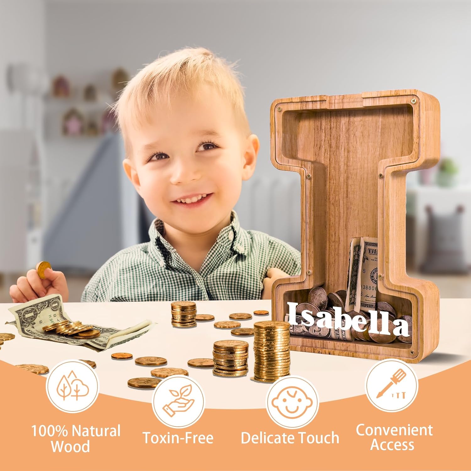 wooden letter piggy bank for kids larger letter piggy bank for boys and girls personalized piggy bank initial coin bank wood kids money bank for birthday and festival i initial-9"
