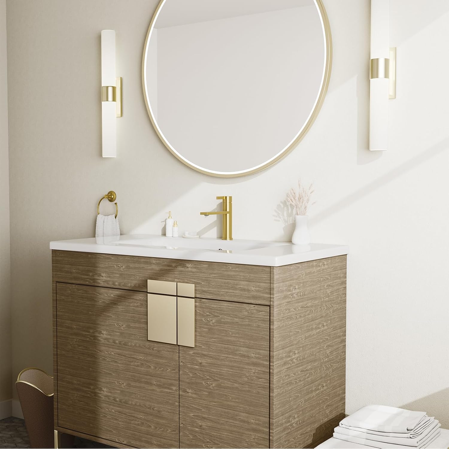 Phiestina Single Handle Brushed Gold Bathroom Sink Basin Faucet, Low Arc Single Hole Faucet, with Metal Pop-up Drain Assembly with Overflow and 24-Inch Water Supply Line, FH-02-BG