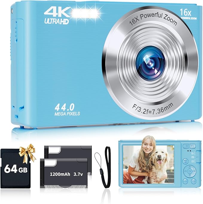 Digital Camera for Teens, FHD 4K 44MP with 64GB SD Card, 16X Digital Zoom, Compact Point Shoot Camera Blue