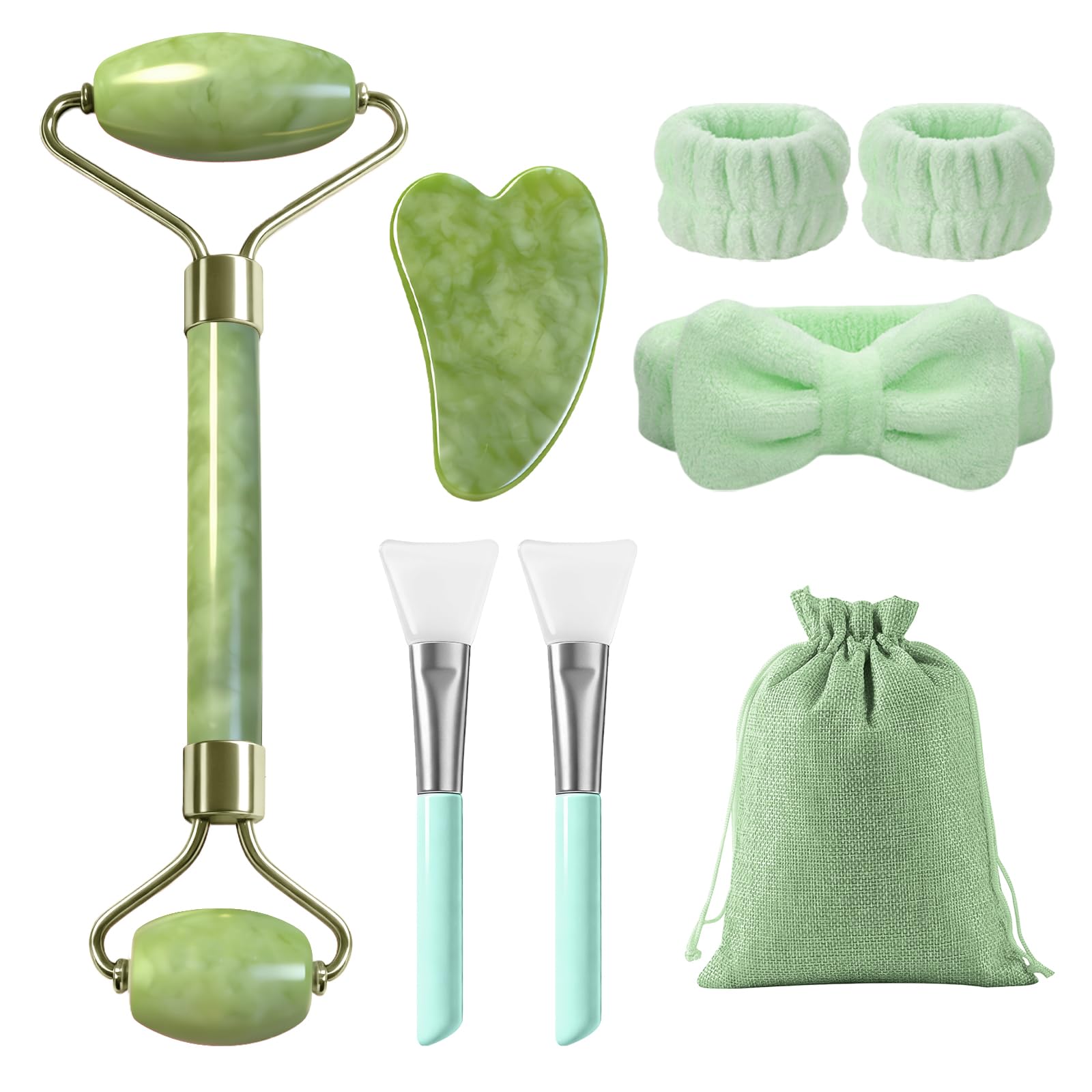 Flintronic Gua Sha Stein und Gesichtsroller, 8 Stück Gesichtsmassage Stein Set, Guasha Set Beauty Massager, Geschenk für Frauen, Jade Roller Gesicht für Augenschwellungen Routine Skincare