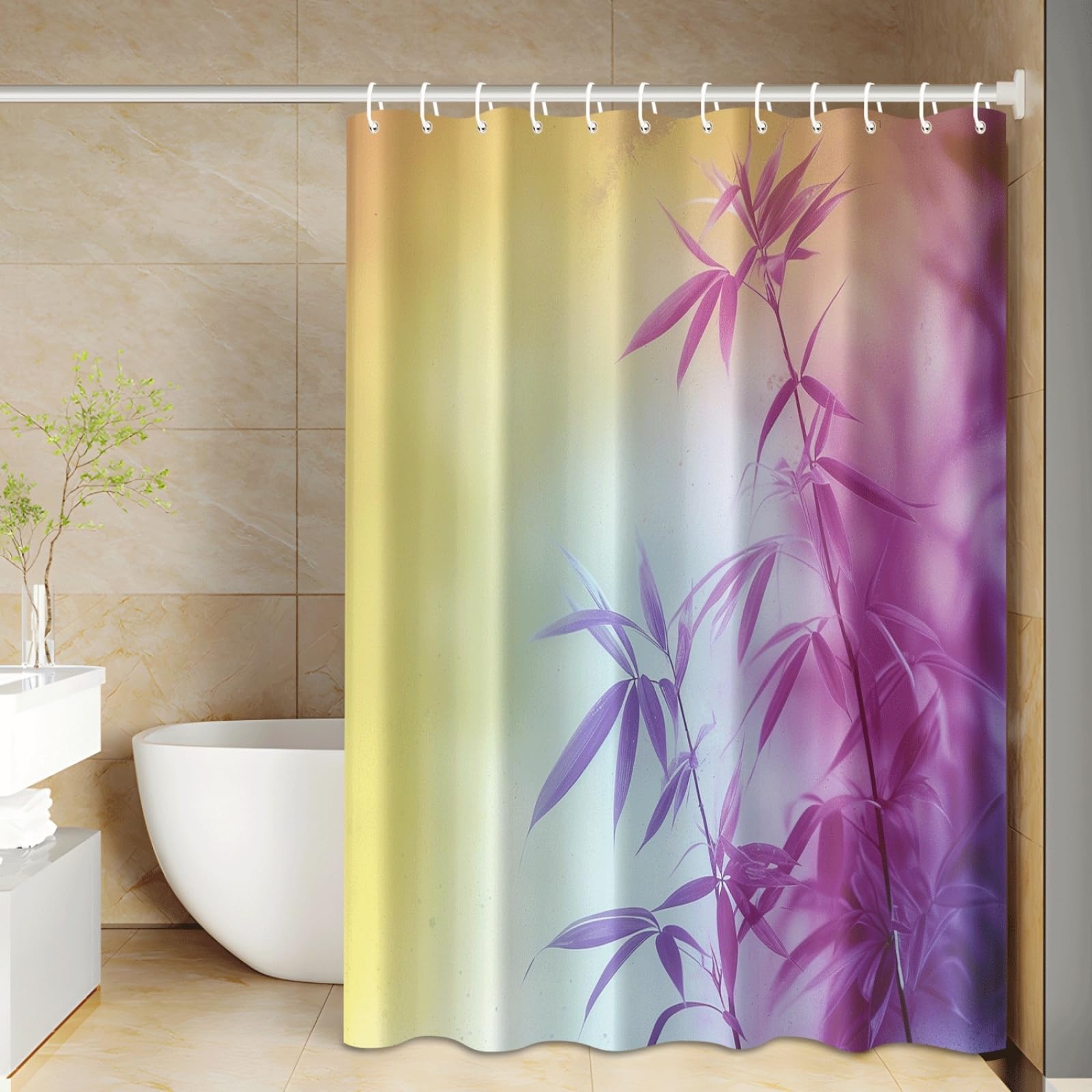Shower Curtain Yellow Purple Plants Mould Resistant Shower Curtains for Bathroom Washable Polyester Bathroom Curtains Decor Wet Room Quick Dry Anti Mould Bath Curtain with 12 Hooks 200x240cm