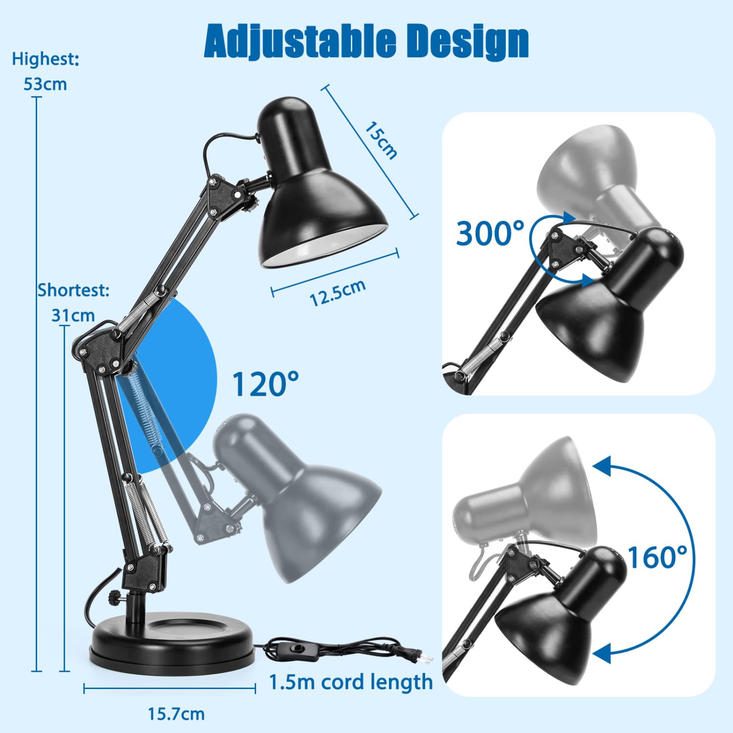 Aigostar Lámpara de Escritorio E27, Flexo Lamparas de Mesita de Noche con Base y Abrazadera, Brazo articulado de metal, Lámpara de Mesa Ajustable para Oficina, Sala, Estudio y Dormitorio - Negro