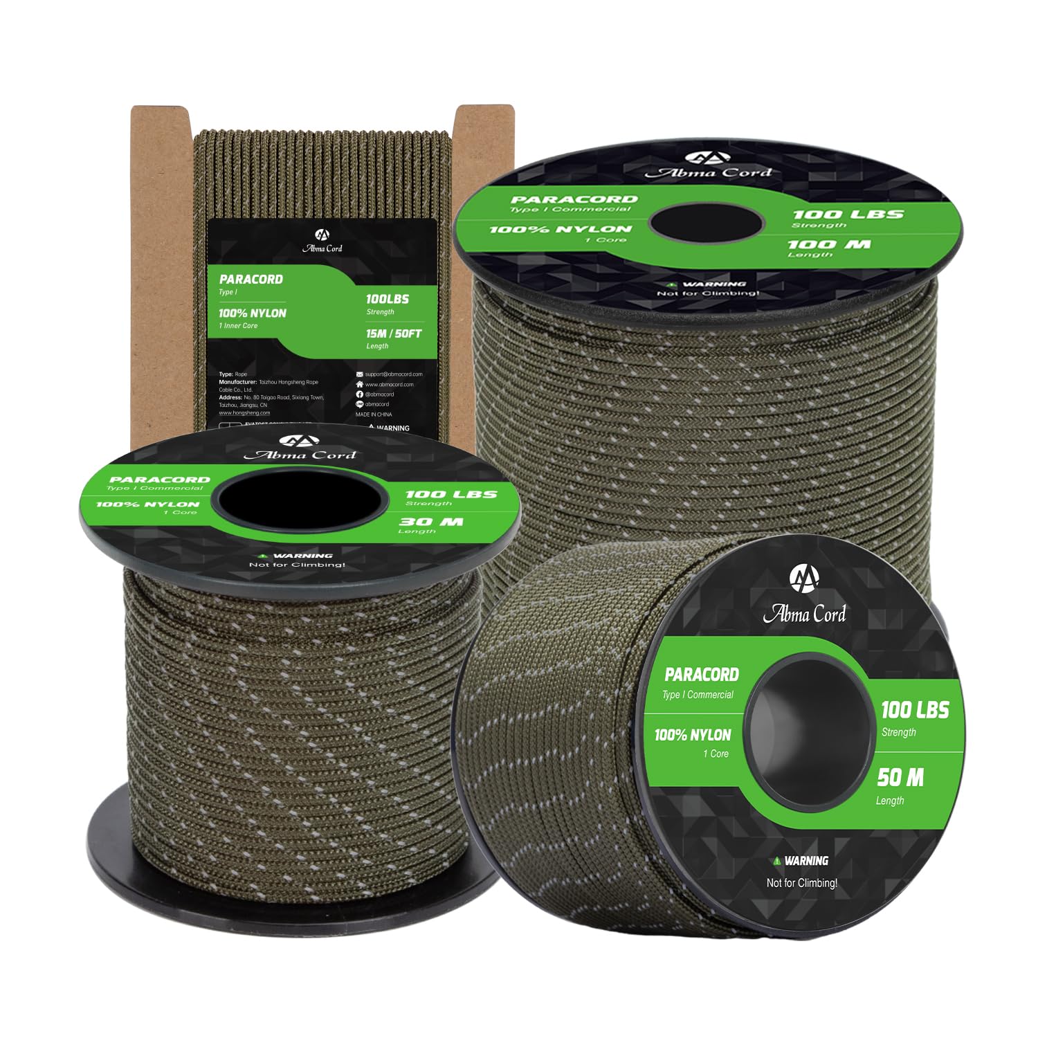 Abma Cord Paracord 2mm 15m 100% Nylon Rope 1 Strand Type I Parachute Cord - Max. 45kg (100lbs) - Reflective Army Green