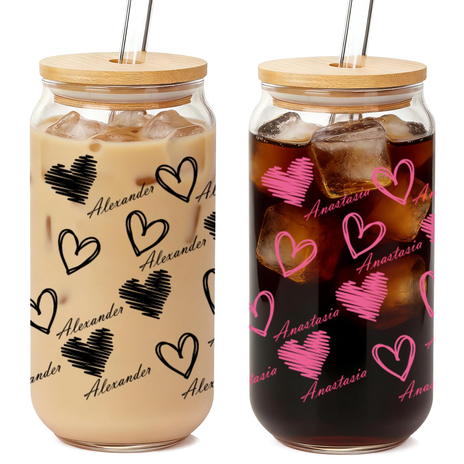 Personalized Heart Glass Cup, Mothers Day Personalised Gift for Mum, 18oz Iced Matcha Glass with Bamboo Lid & Straw, Custom Cups for Women Birthday Mothers Day — image 1