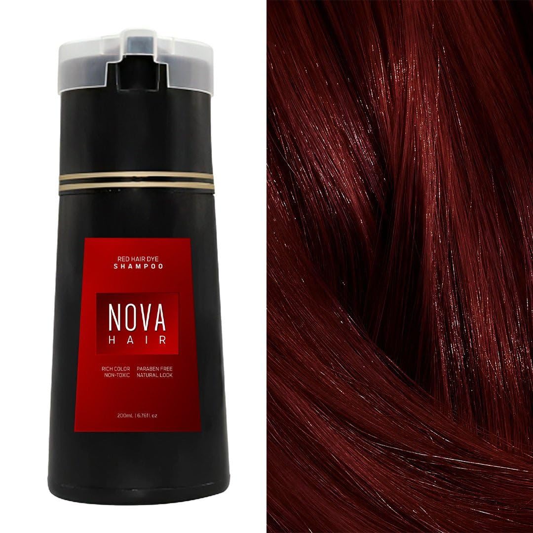 Nova Hair Dye Shampoo, The Ultimate Solution for Gray Hair, Instant Hair Color Shampoo for Men & Women, Get Vibrant & Shiny Hair with Nova Hair Instant Dye Shampoo (200ml) (Red)