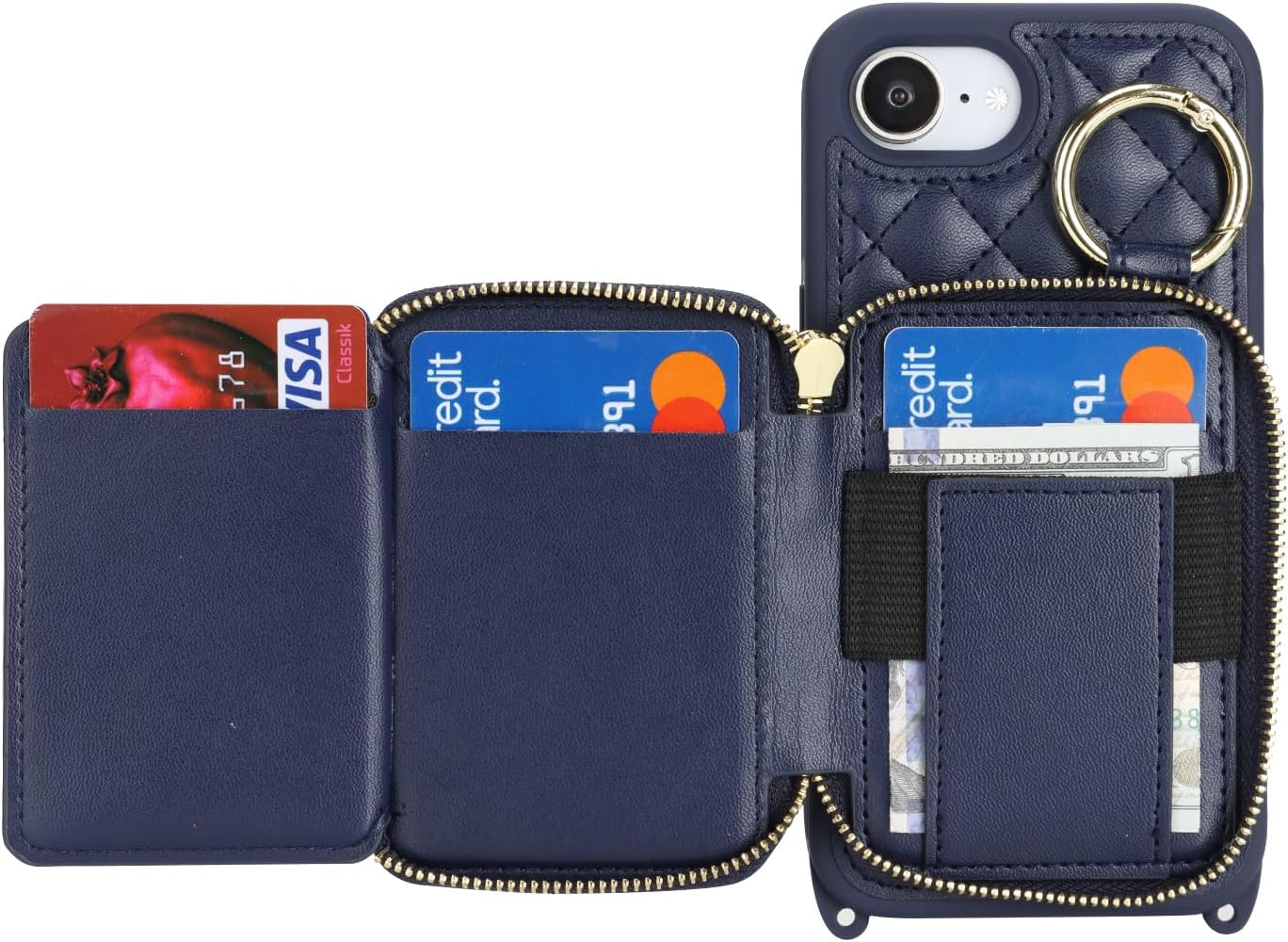 Crossbody Wallet Case for iPhone 17e/16e, PU Leather Zipper Handbag Purse Flip Cover, Kickstand Folio Case with Card Slots Holder Wrist Strap Lanyard 5G 6.1 Inch-Blue