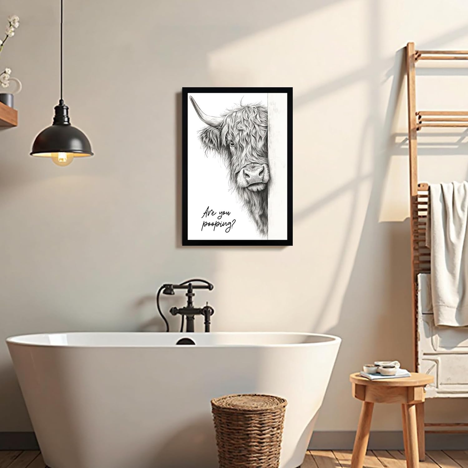 Urmoya Black and White Funny Highland Cow Bathroom Wall Art, Rustic Farmhouse Wall Decor with Humorous Are You Pooping Canvas Print, Cute Animal Art Prints Ready to Hang 16x24 Inch Wood Framed