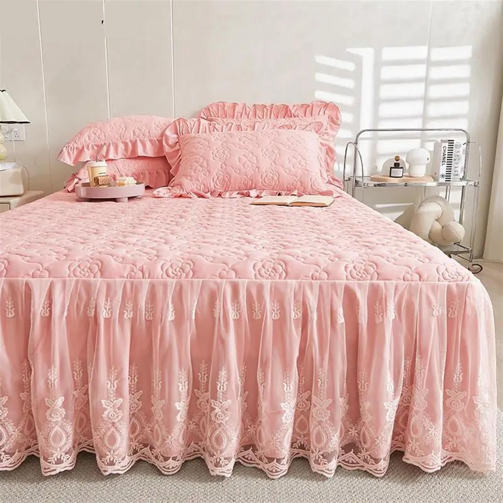 Falda de Cama Acolchada Gruesa de Encaje de algodón, Colcha, Funda de Almohada, Funda de colchón, Textil Doble for el hogar(E,1 pc Skrit 200x220cm)