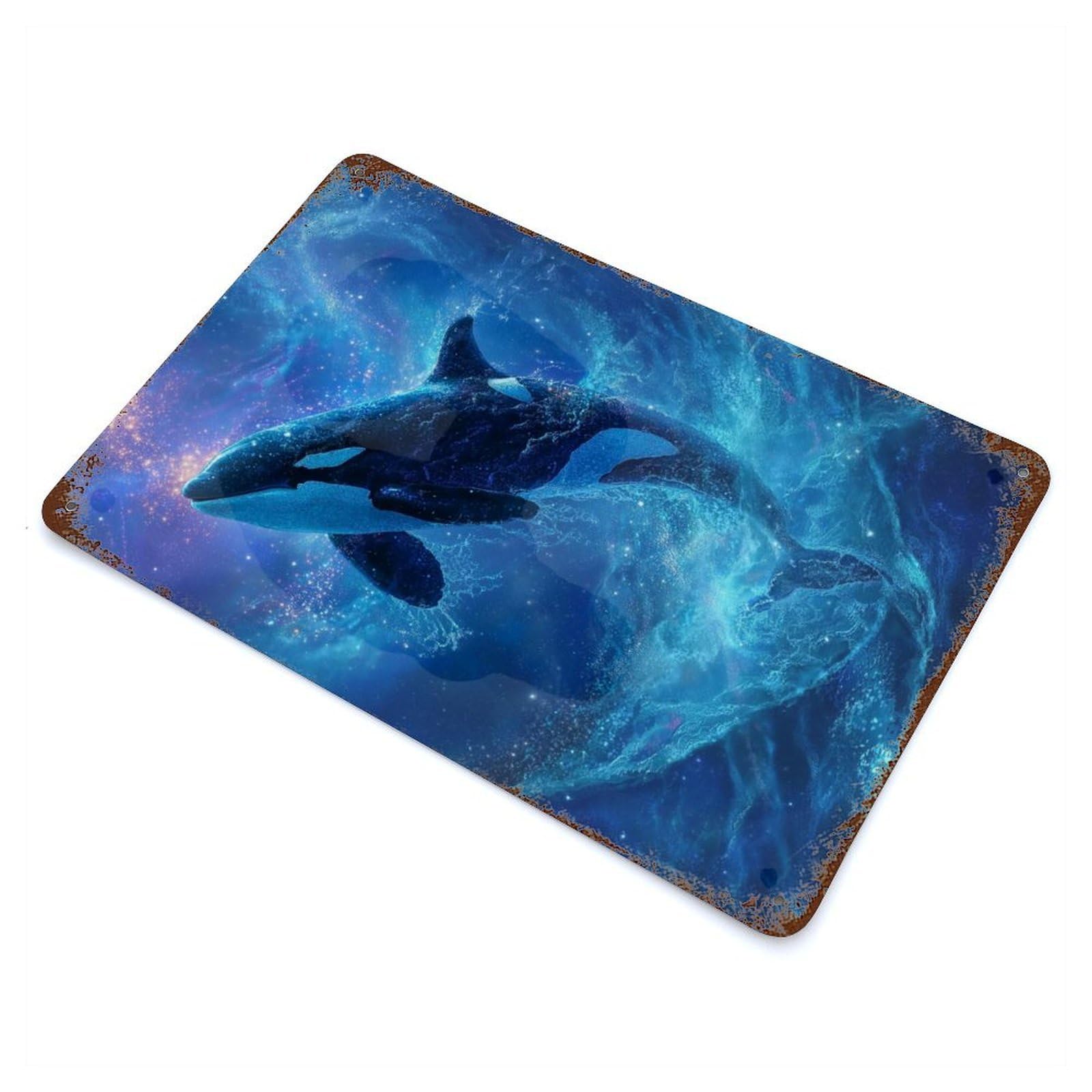 Garage Style Orca Leaping Through Stars Rusty Metal Tin Sign 11.8"x7.9", Shabby Chic Decor for Bar And Workshop