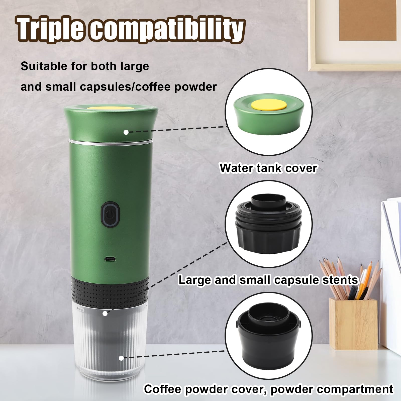 Macchina da caffè portatile a batteria, 12 V Caffettiera Elettrica per auto portatile, compatibile con capsule NS e caffè macinato per campeggio, auto, viaggio, verde (Verde)