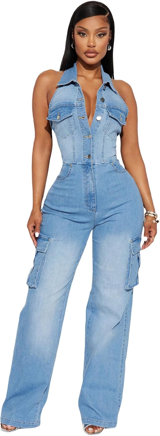Women'S Denim Overalls Y2k Denim Jumpsuit Sleeveless Halter Neck Off The Shoulder Multi-Pocket Pants