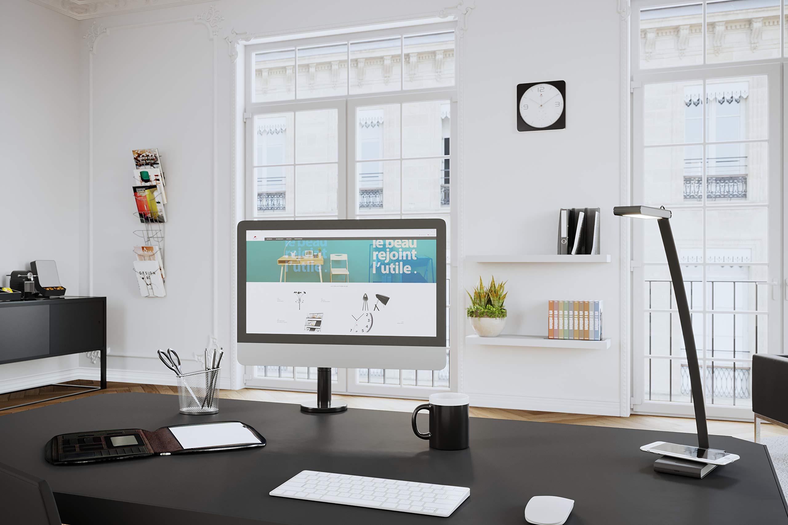 Alba- LEDTOUCH - Lampe LED Orientable de Bureau - chargeur Qi intégré + Port USB - Tactile avec Variateur d'Intensité Luminosité Ajustable - Noir - Design français