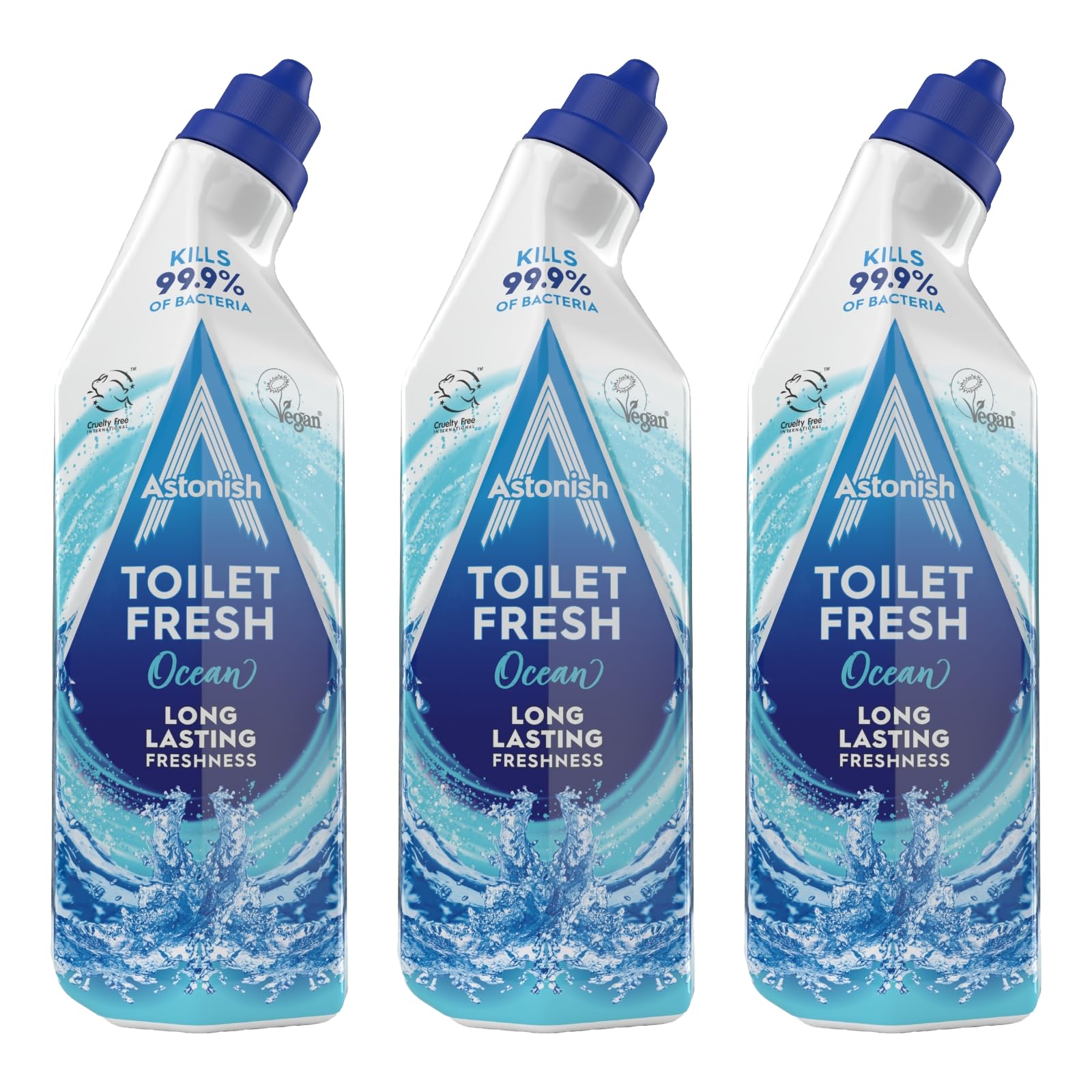 Astonish Toilet Fresh Gel, Kills 99.9% of Bacteria, Limescale Prevention, 3 x 750ml, Ocean