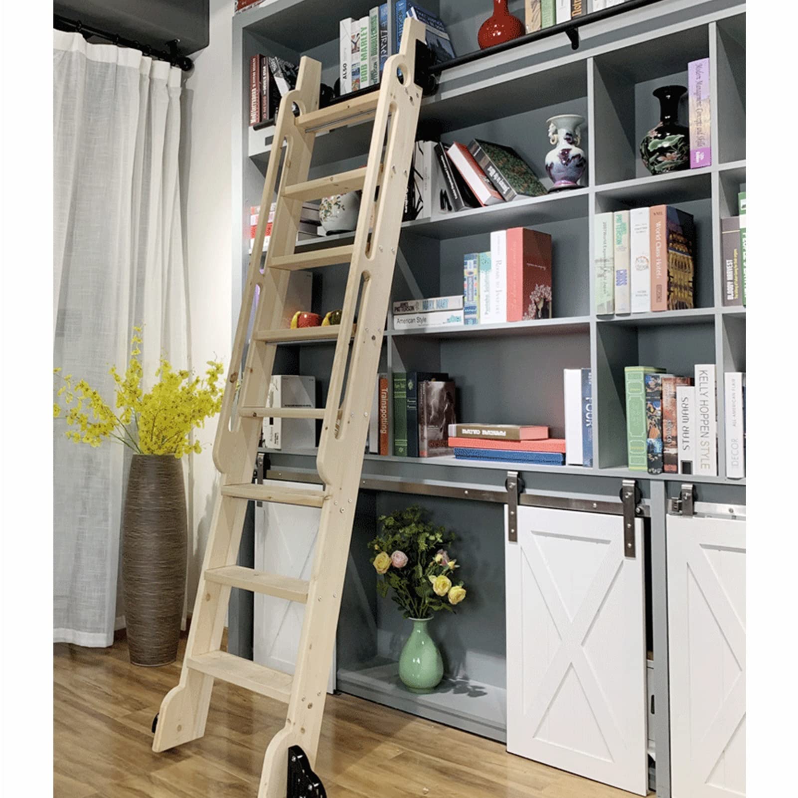 Libreria di ferramenta per Scale scorrevoli retrattili, Kit ferramenta per Scale scorrevoli, Binario/rotaia per Scale mobili Nere per casa/Interni/soppalco, con Ruote a rulli per Pavimenti (