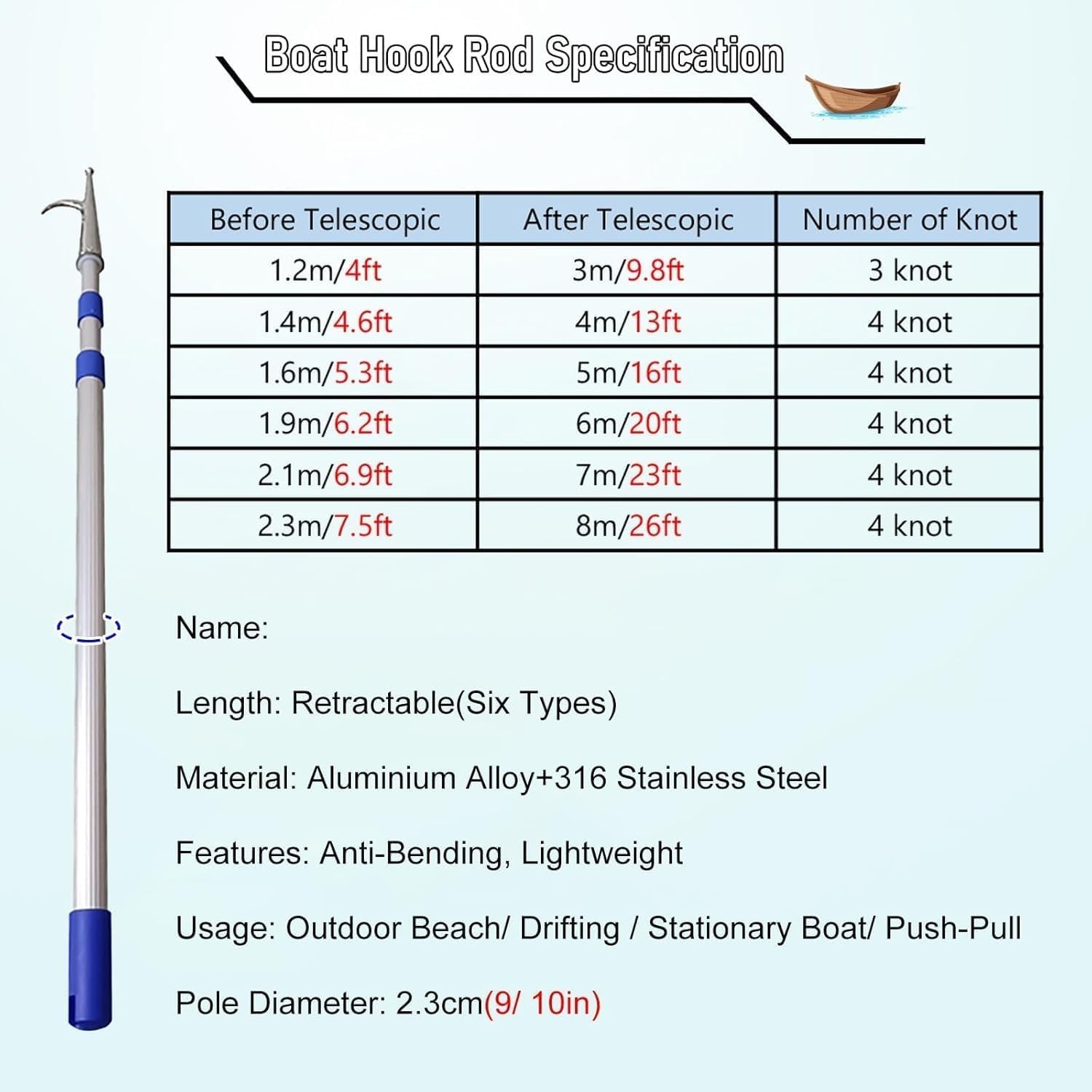 Retractable Boat Hook - 1.4m-4.0m (4.6ft-13ft) Lifesaving Fishing & Docking Rod, Secure Boat Fastening, Water Rescue & Cargo Handling Tool (1pc)