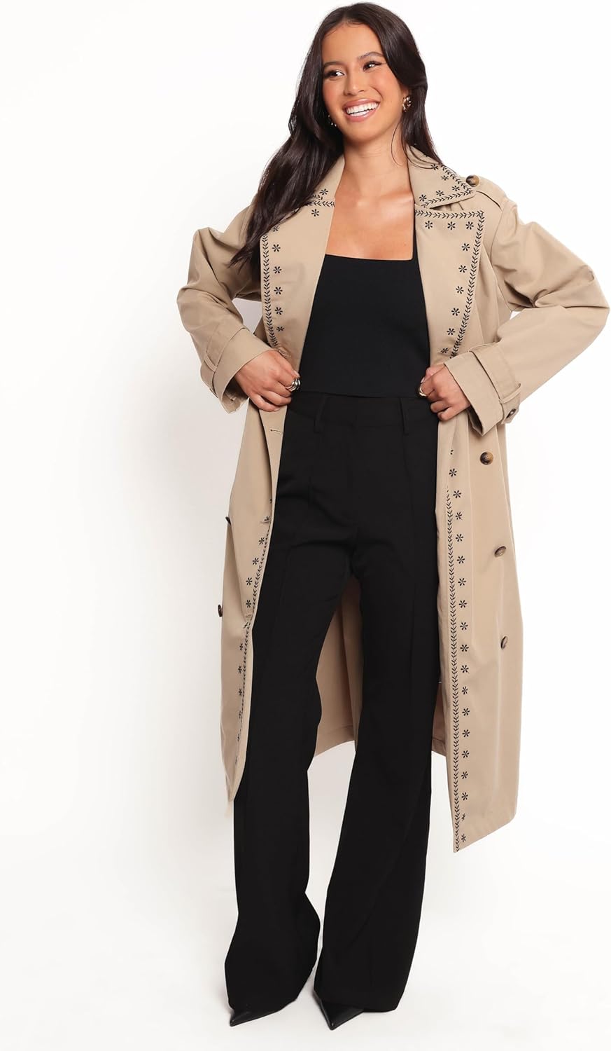 Petal & Pup Women's Grayson Embroidered Trim Trench Coat