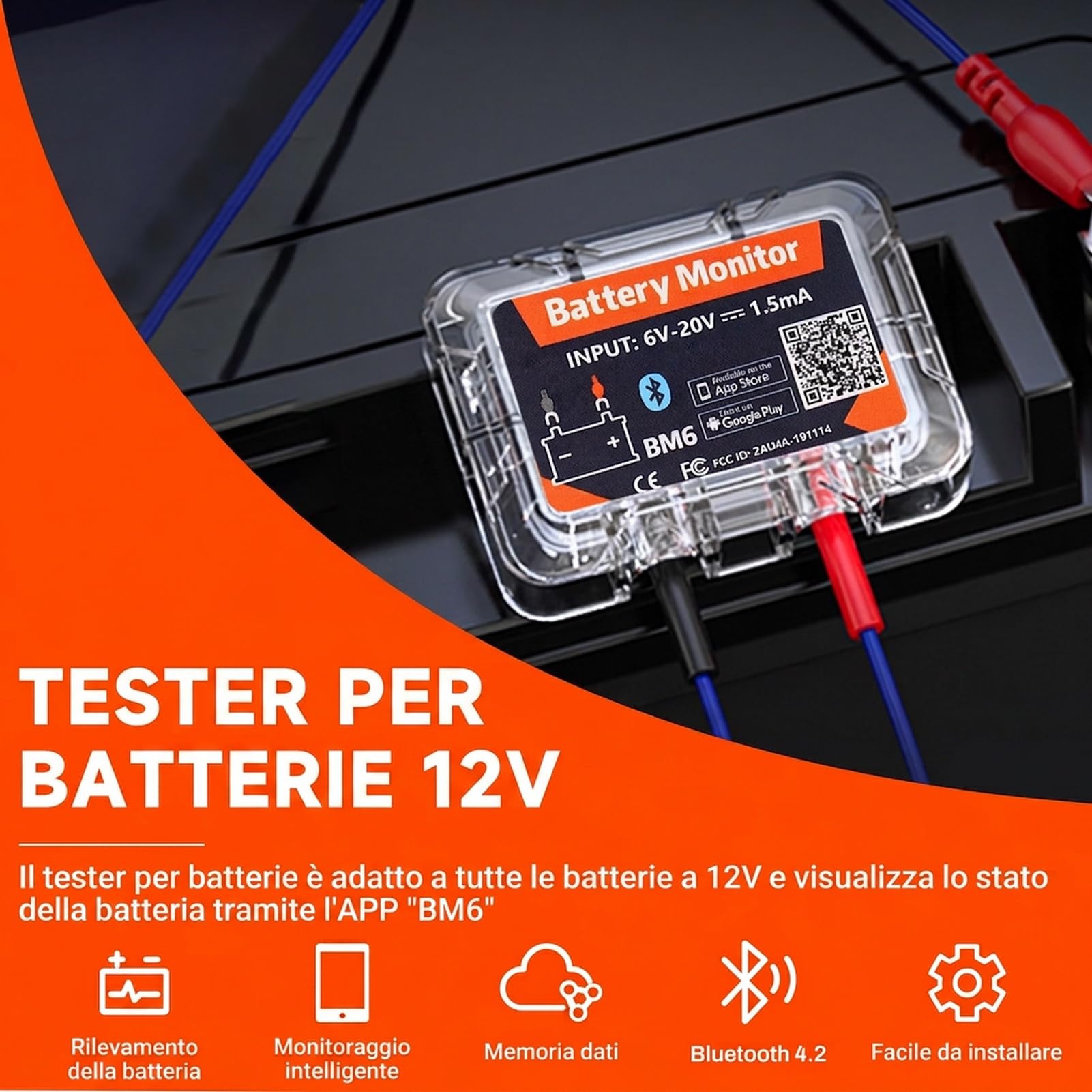 Battery monitor 12V Bluetooth 4.2 Tester batteria auto DC 6V-20V Monitoraggio dello stato della batteria in tempo reale con protezione da cortocircuito e inversione di polarità Avviso anomalo.