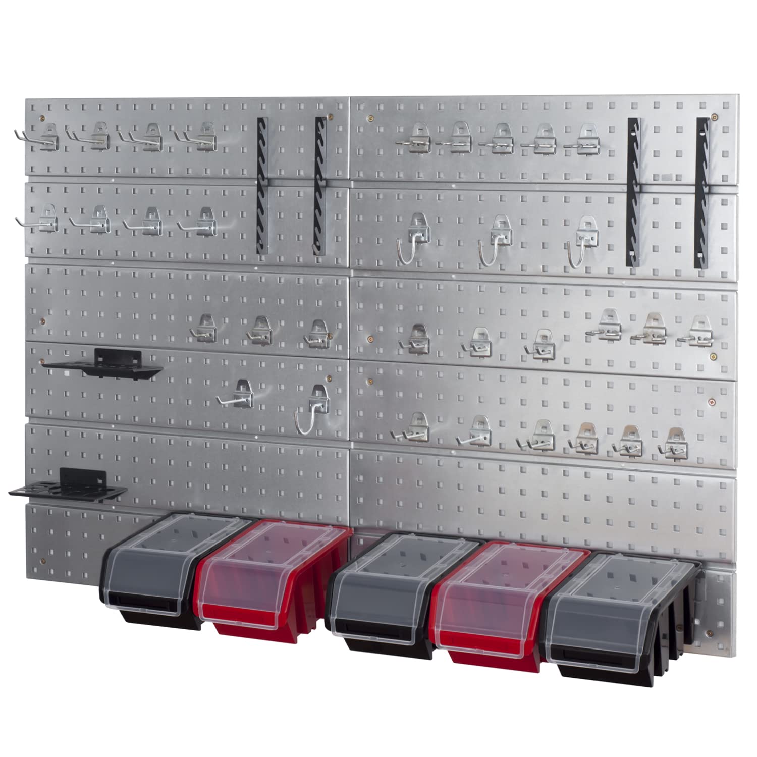 Ścianka narzędziowa z metalu – 1160 mm x 770 mm – zestaw 42 uchwytów na narzędzia ze ścianką perforowaną, system magazynowy, ścianka z otworami na narzędzia, regał ścienny, regał warsztatowy, czerwony/czarny