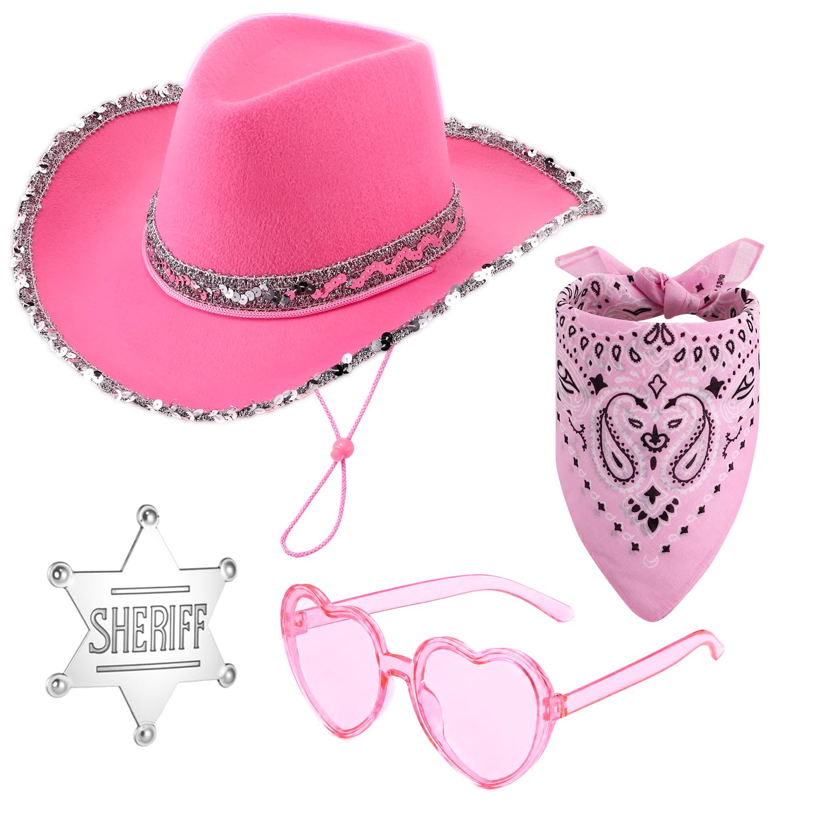 4 Pcs Cowboy Hat Fancy Dress Accessory, Unisex Cowboy Cowgirl Costume Set with Western Bandanna Glasses and Badge, Texan Costume Accessories for Adult Women Men Halloween Party Cosplay- Pink