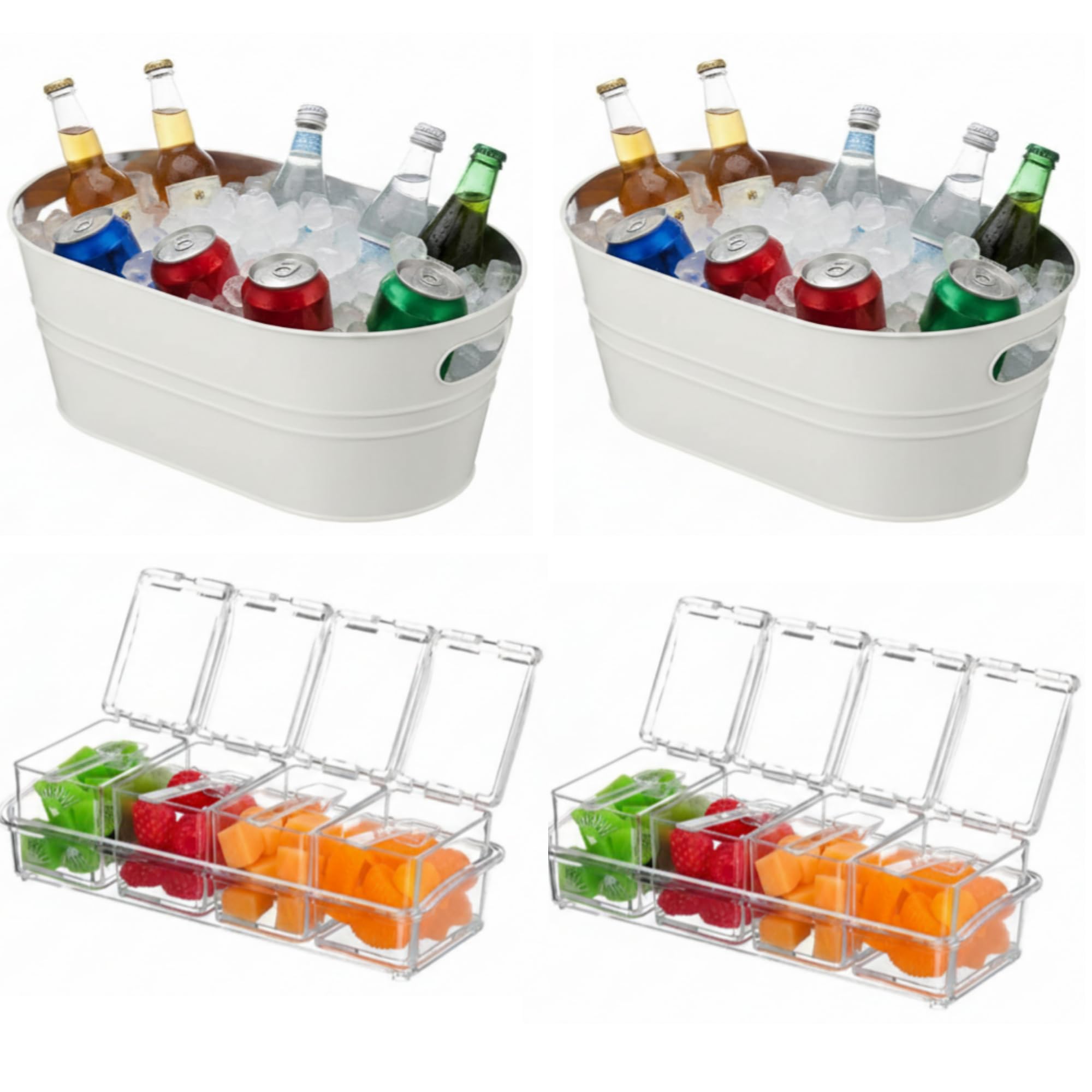 2 cubos de hielo de metal galvanizado de 4 galones, cubos grandes de metal para bebidas de Pascua, 2 unidades, organizador de condimentos, transparente, 4 compartimentos con tapa y cuchara