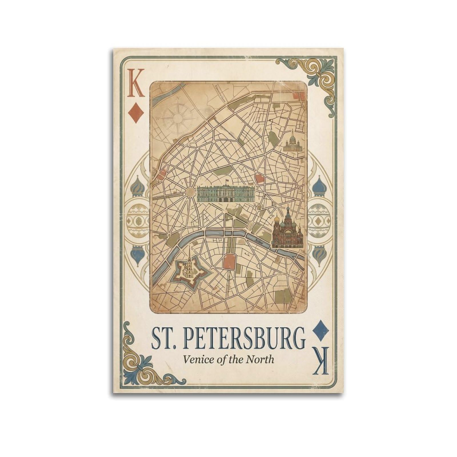 OKNGB Vintage City Map Poster St Petersburg Venice of North Playing Card Style Decorative Painting Canvas Art Picture 24x36inch(60x90cm)