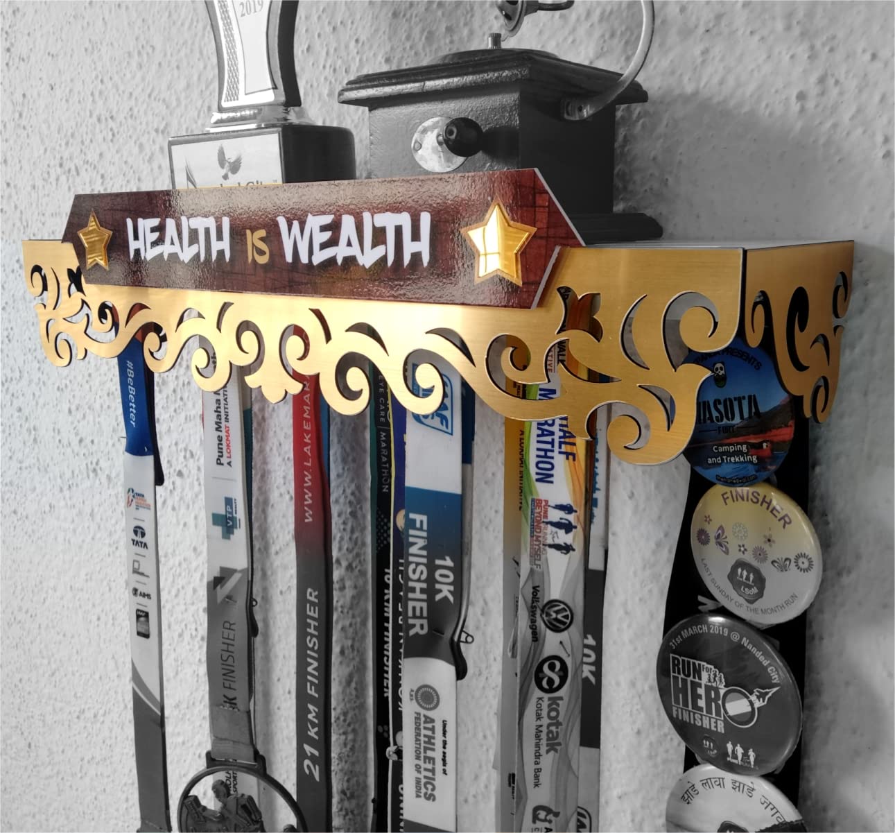 Health is Wealth Upto 50+Medals & 4-5 Trophys Capacity Metal Hanger Shelves - Medal SPACE® (B0B7NLYXWN) Amazon Price History, Amazon Price Tracker