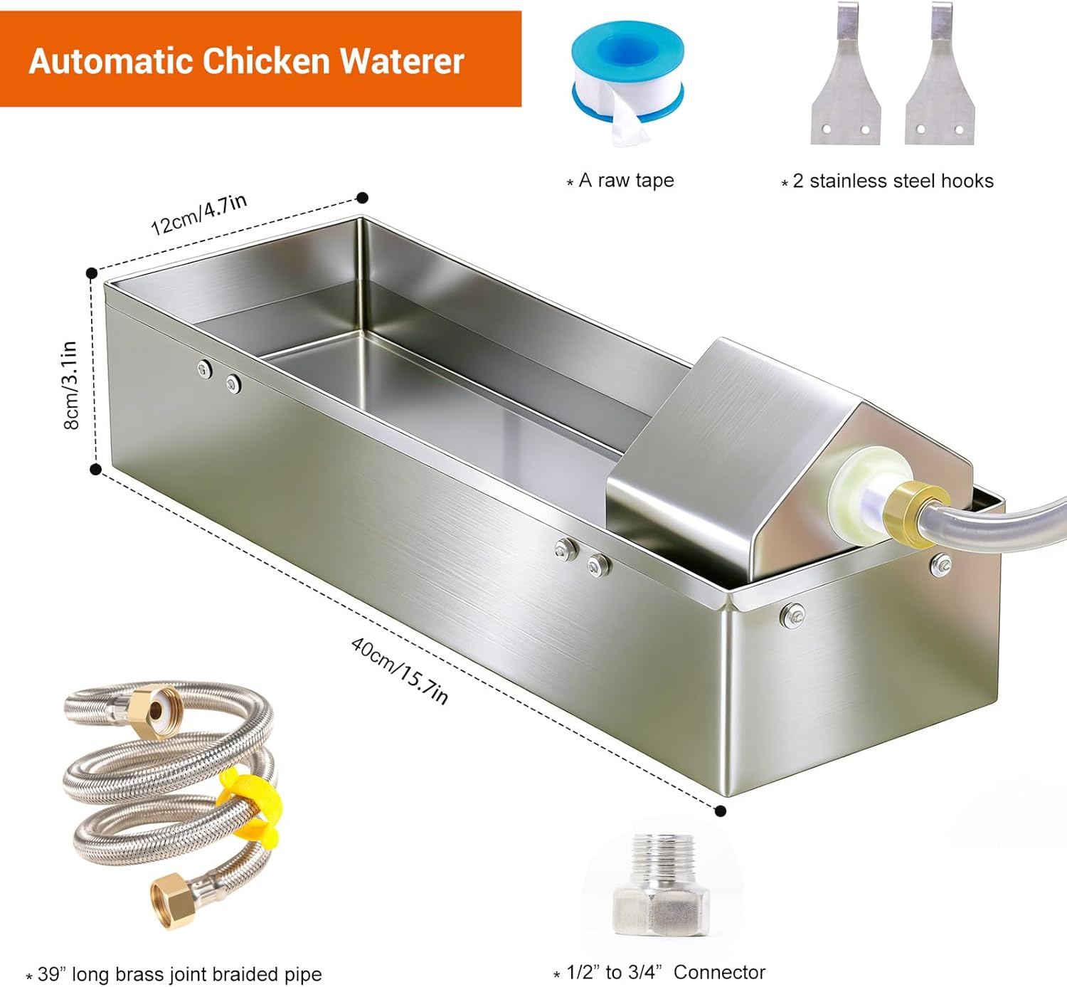 Automatic Chicken Waterer Dispenser 1 Gallon Large Stainless Metal Poultry Waterer Feeder Hanging Chicken Watering System with Float Valve Hose Kit for Pigeon Duck Goose Turkeys for Chicken Coop