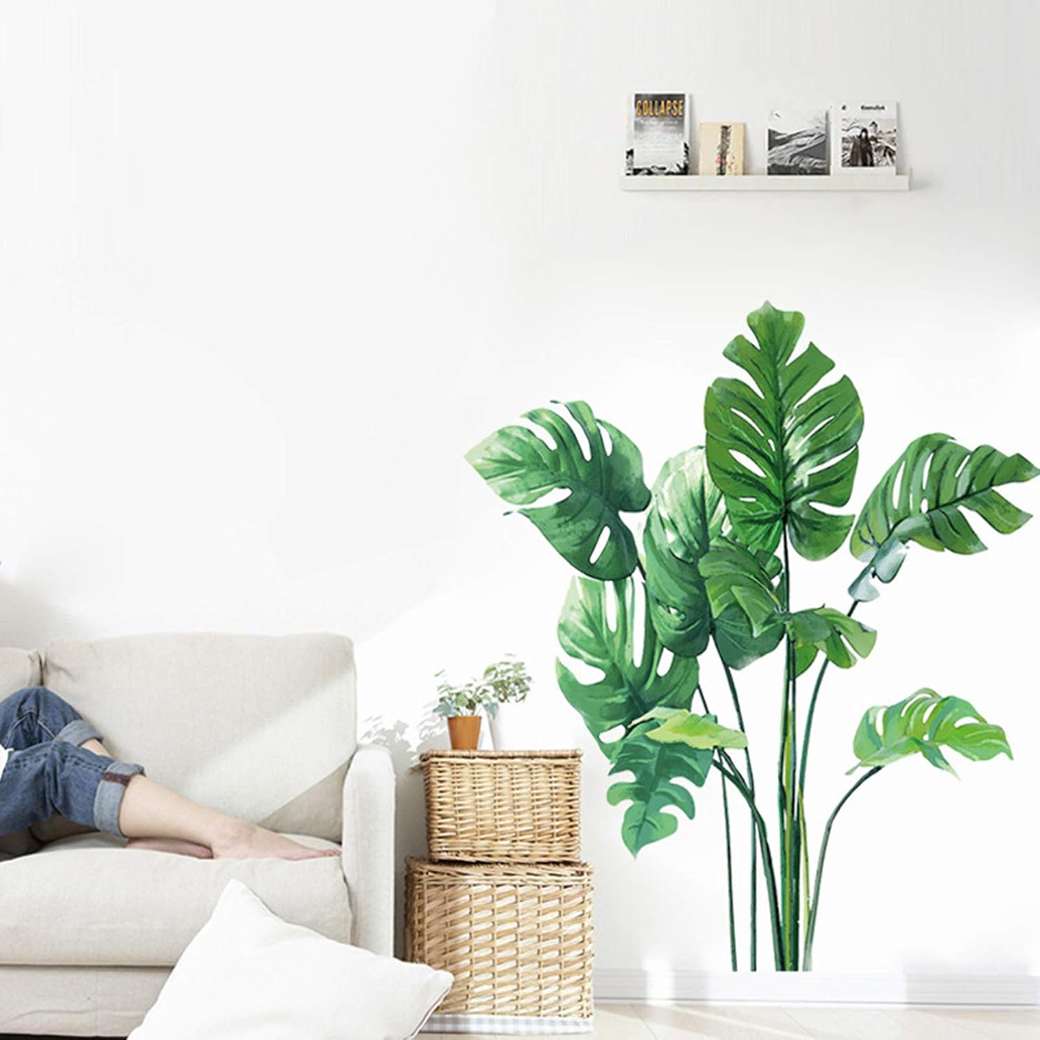 Leaf Wall Decals Monstera Tropical Plants Wall Stickers for Living Room, Palm Wall Posters Natural Green Plants Art Murals Vinyl Wallpaper for Bedroom Nursery Office