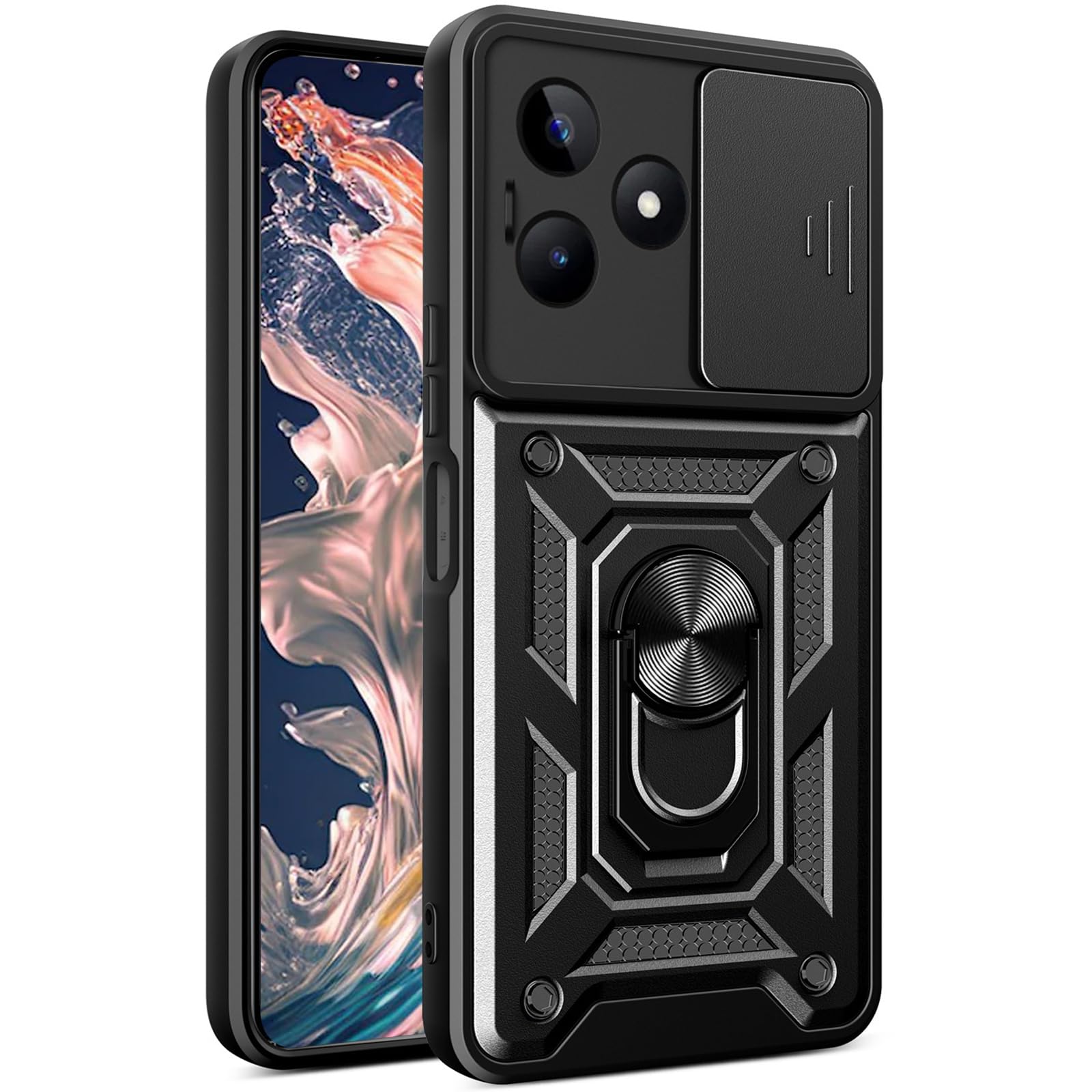 CCSmall for Realme C53 Case with Slide Camera Cover for Men, Military Grade Drop Protective Phone Cover Case with Ring Kickstand for Realme C53/Realme Narzo N53 SJ Black