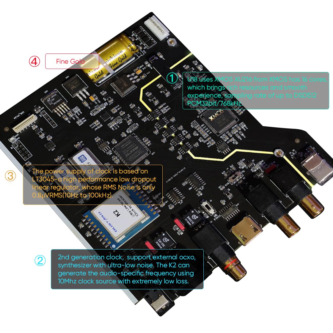 GUSTARD U18 Interfaccia Digitale DSD512 PCM768K XU216 Isolamento da Terra AS338 Hi-END USB Convertitore (Nero)