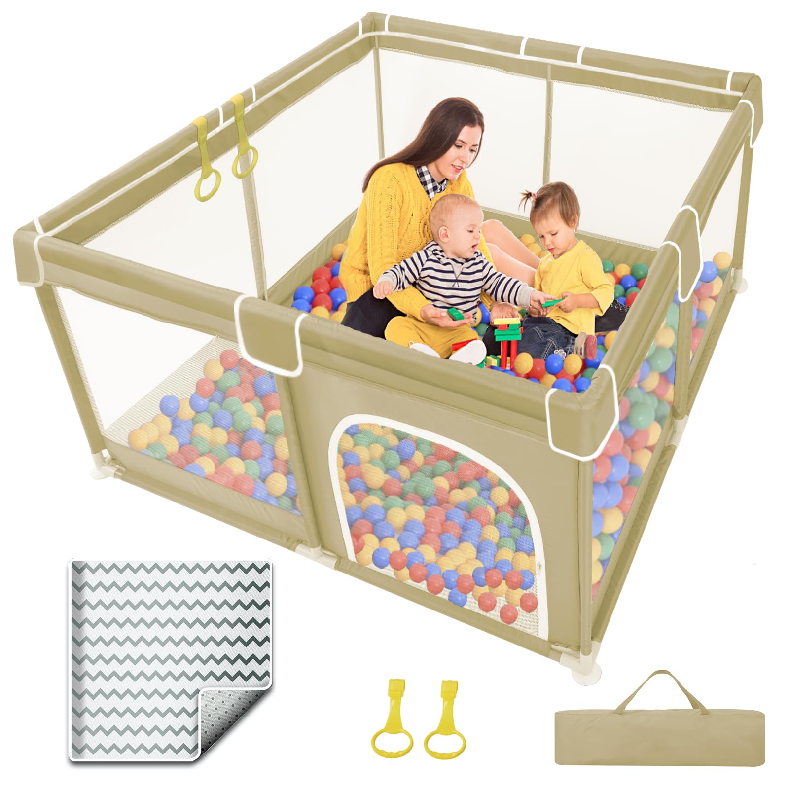 Grobeybees Playpen for Babies and Toddlers, 59"x71" Extra Large Baby Playpen with Mat, Baby Playard, Indoor & Outdoor Play Pen, Sturdy Safety Baby Play Yard with Soft Breathable Mesh (Yellow)