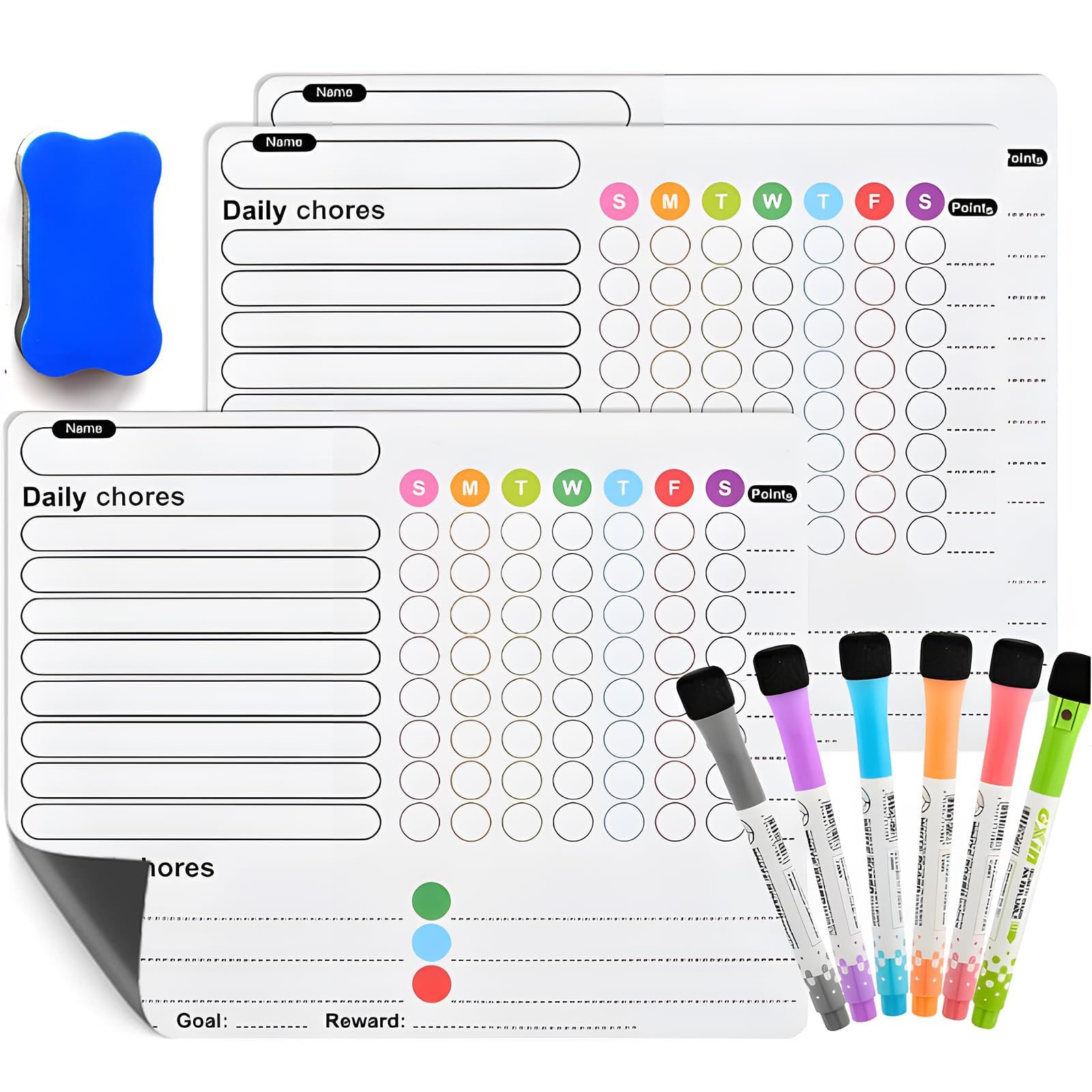 3PCS Magnetic Chores Chart for Kids with 6 Fine Tip Markers, Reusable Magnetic Reward Charts Weekly Planner Whiteboard Task Charts for Behaviour, Discipline and Organisation, Fridge Family Planner for