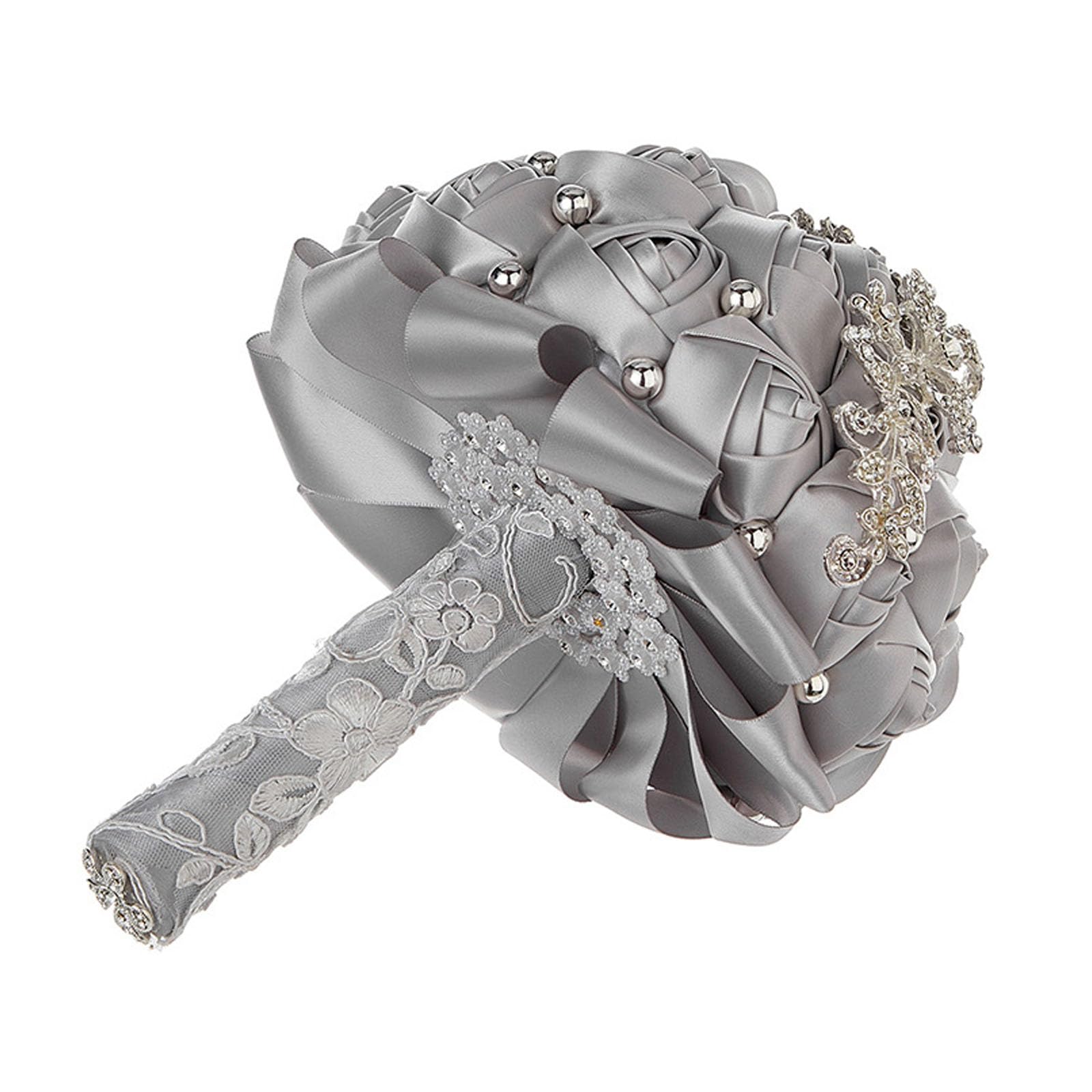 Bouquet Matrimoniale Artificiale In Raso, Ornamento Floreale Con Cristalli Luminosi, Stelo Rivestito In Pizzo, Fiore Nuziale Falso Riutilizzabile Per Shooting Di Fidanzamento, Matrimoni(Color:B-4 PCS)