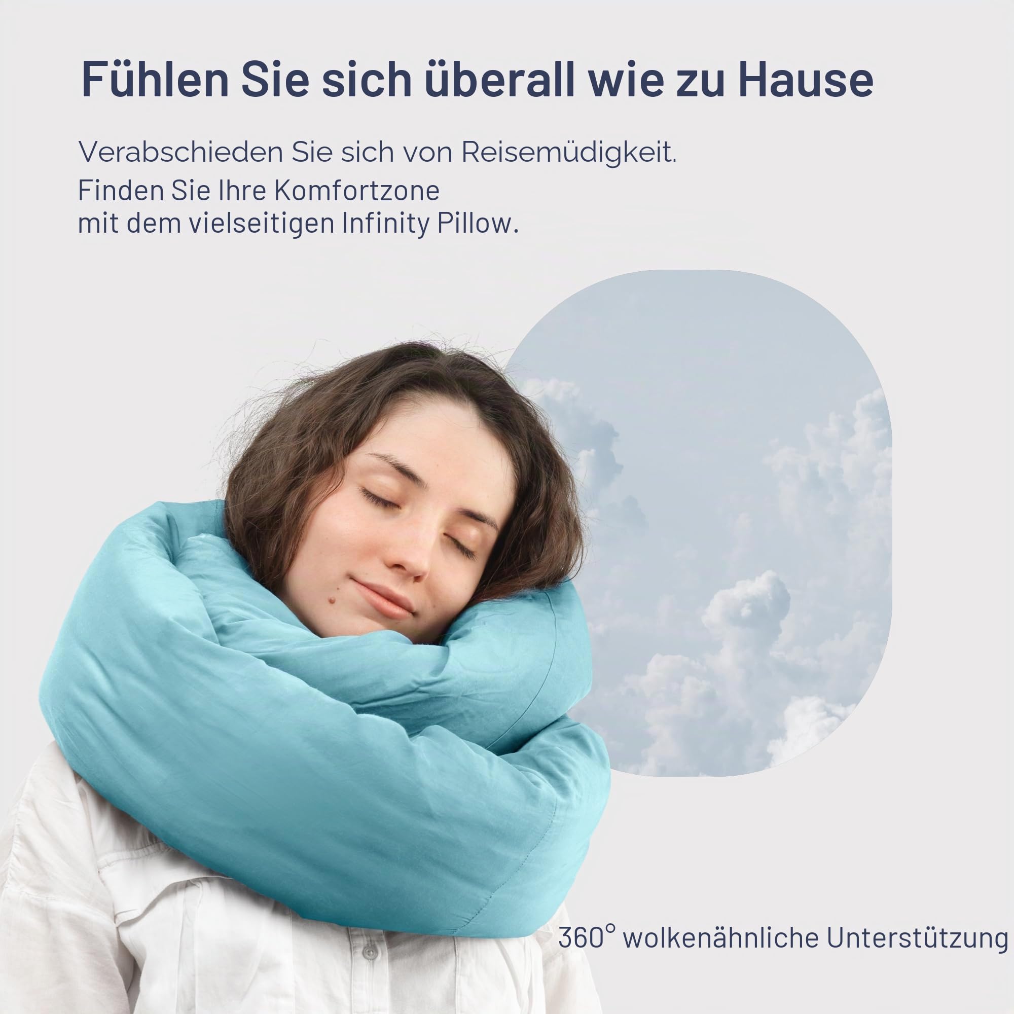 Huzi Infinity Pillow – Reise-Nackenkissen – Vielseitiger weicher 360 Stützschal – maschinenwaschbar – Zuhause, Reisen, Flug, Roadtrips (Luftiges Blau)