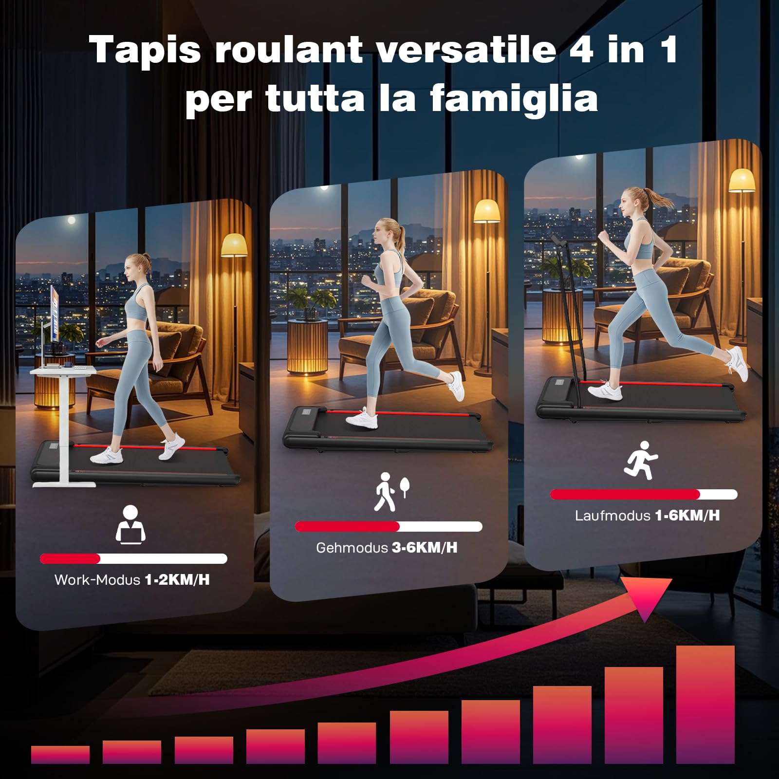 Tapis Roulant, Tapis Roulant Compatto con Manubrio Rimovibile, Walking Pad 3 Livelli Inclinazione, Supporto Tablet, Motore Silenzioso, Telecomando & Display, per Casa e Ufficio