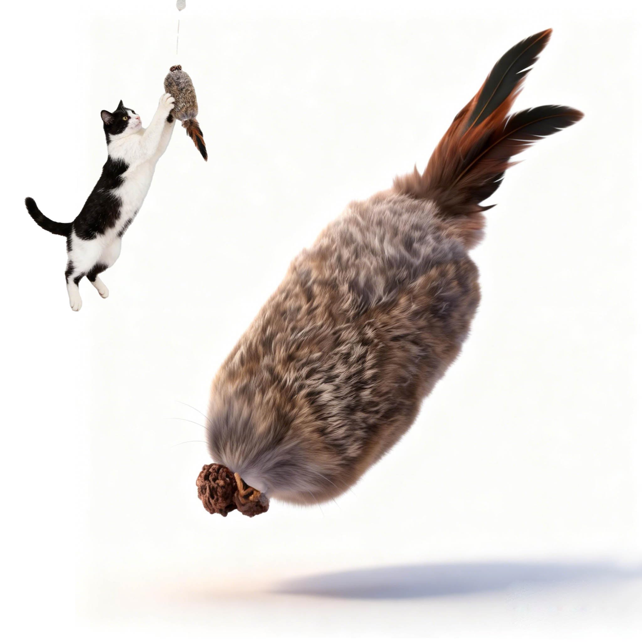 Faux Rabbit Fur Cat Toys, Fluffy Plush Cat Kicker Toy with Silvervine Gall Fruit & Feather, Soft Octopus Ball with Dangling Tails, Interactive Indoor Kitten Hunting Chase Toys (Feather Mouse)