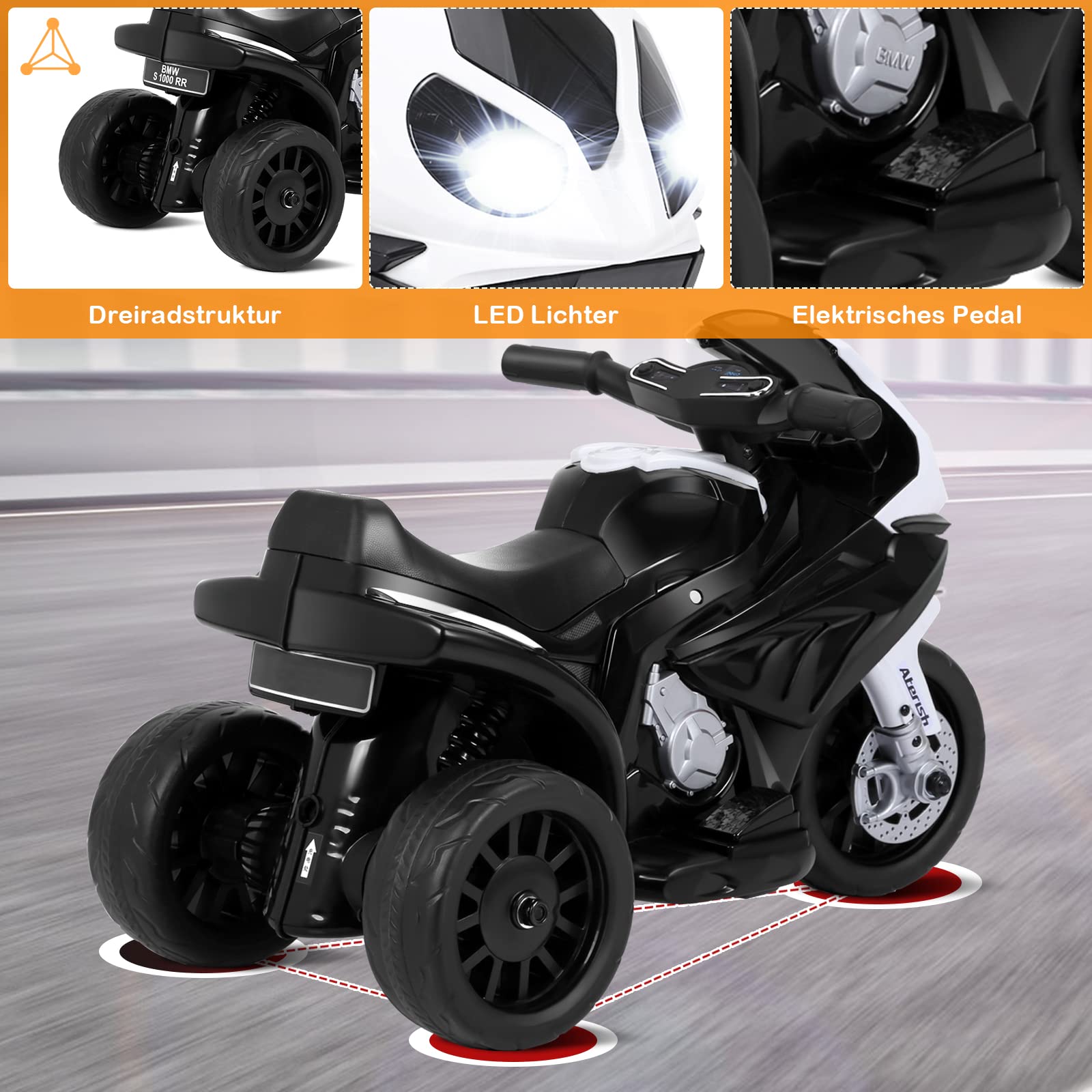DREAMADE Kinder Elektro Motorrad, 6V Kindermotorrad Elektrisch mit Musik & Licht & Hupe & Stützrädern, 3 km/h, Elektro-Dreirad Elektromotorrad für Kinder 18-36 Monaten (Schwarz)