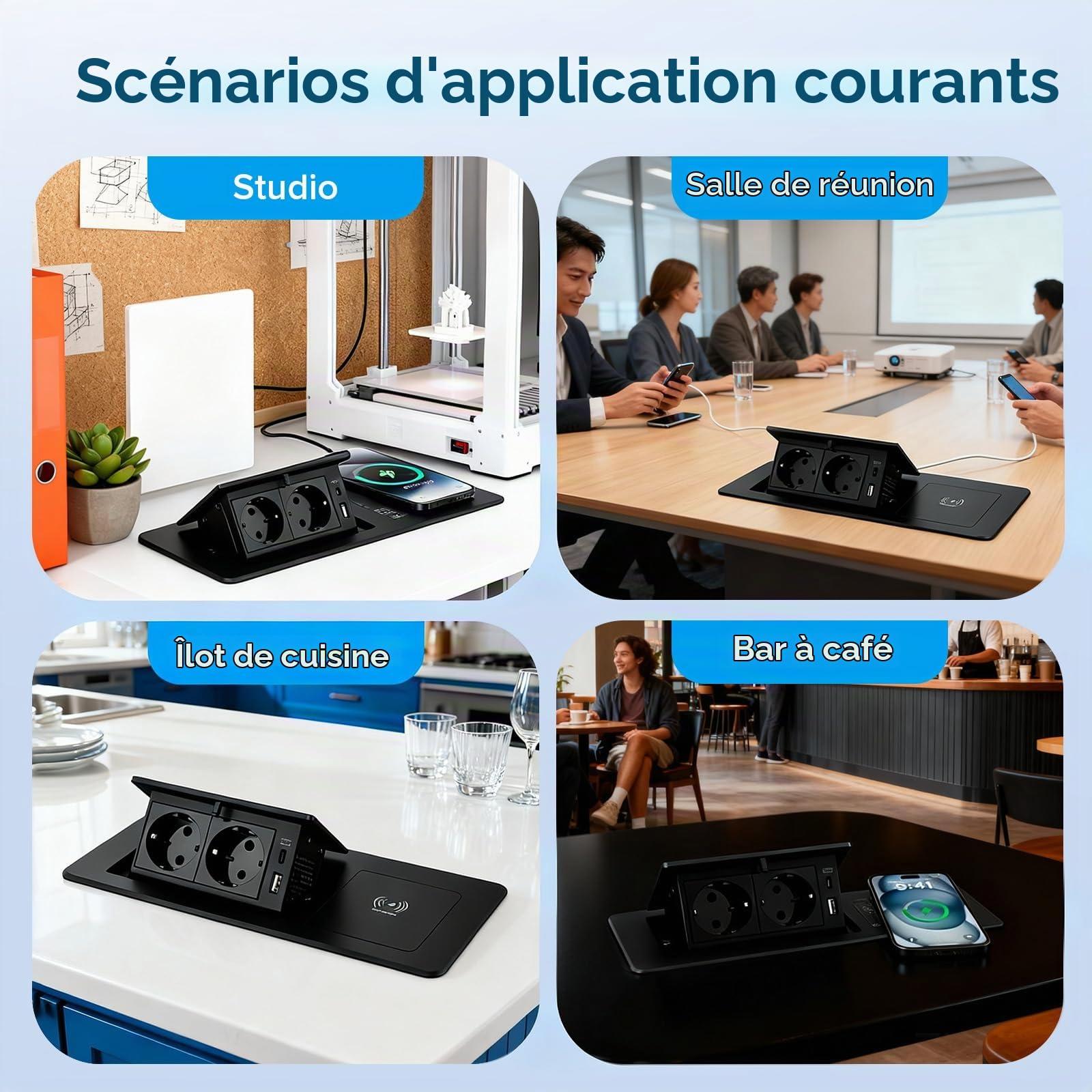 Prise Encastrable avec Chargeur USB-C PD20W et Charge sans Fil 15W, Prise de Bureau 2 Prises pour Plan de Travail Cuisine et Bureau
