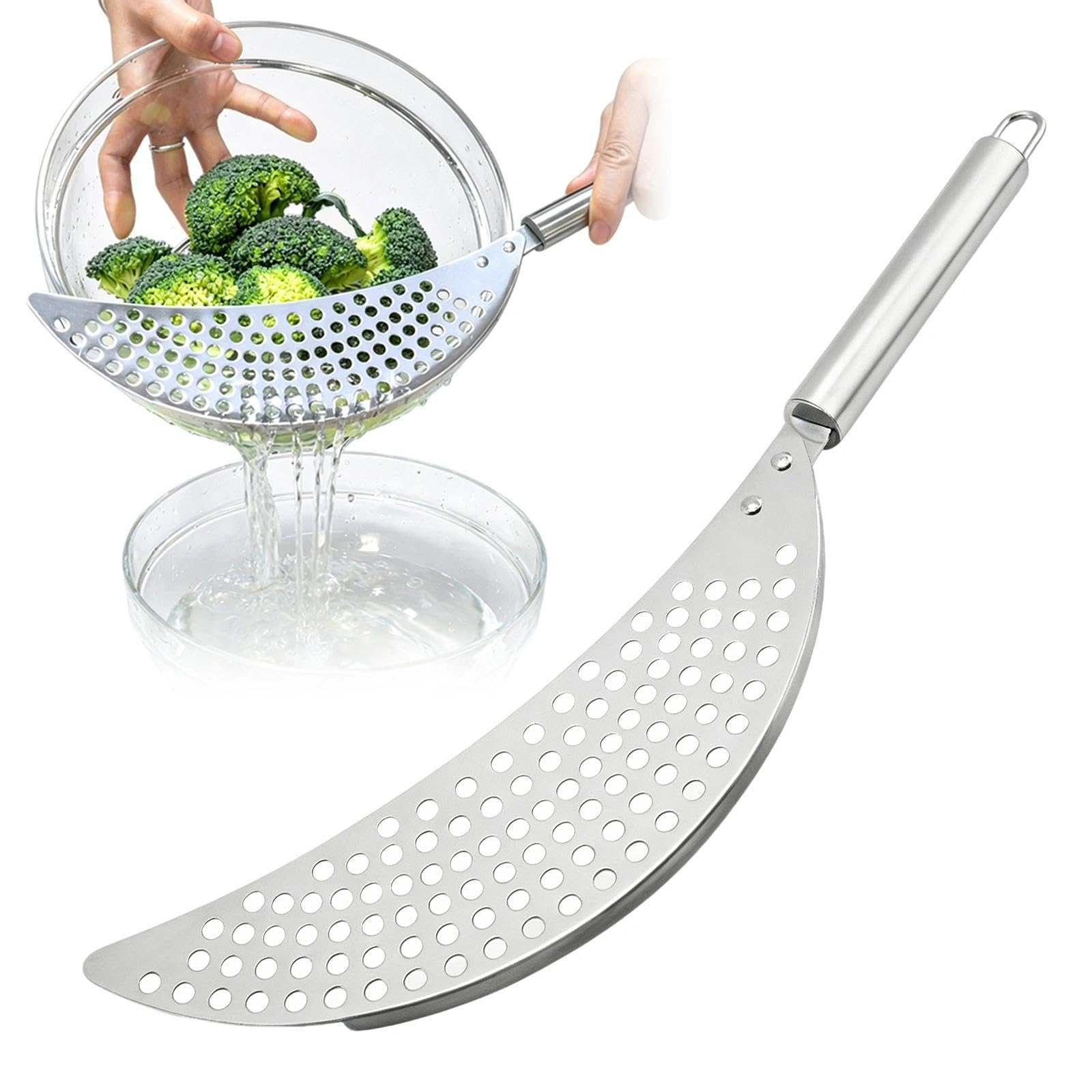 Stainless Steel Handheld Pot Strainer, Crescent Pasta Drainer Insert