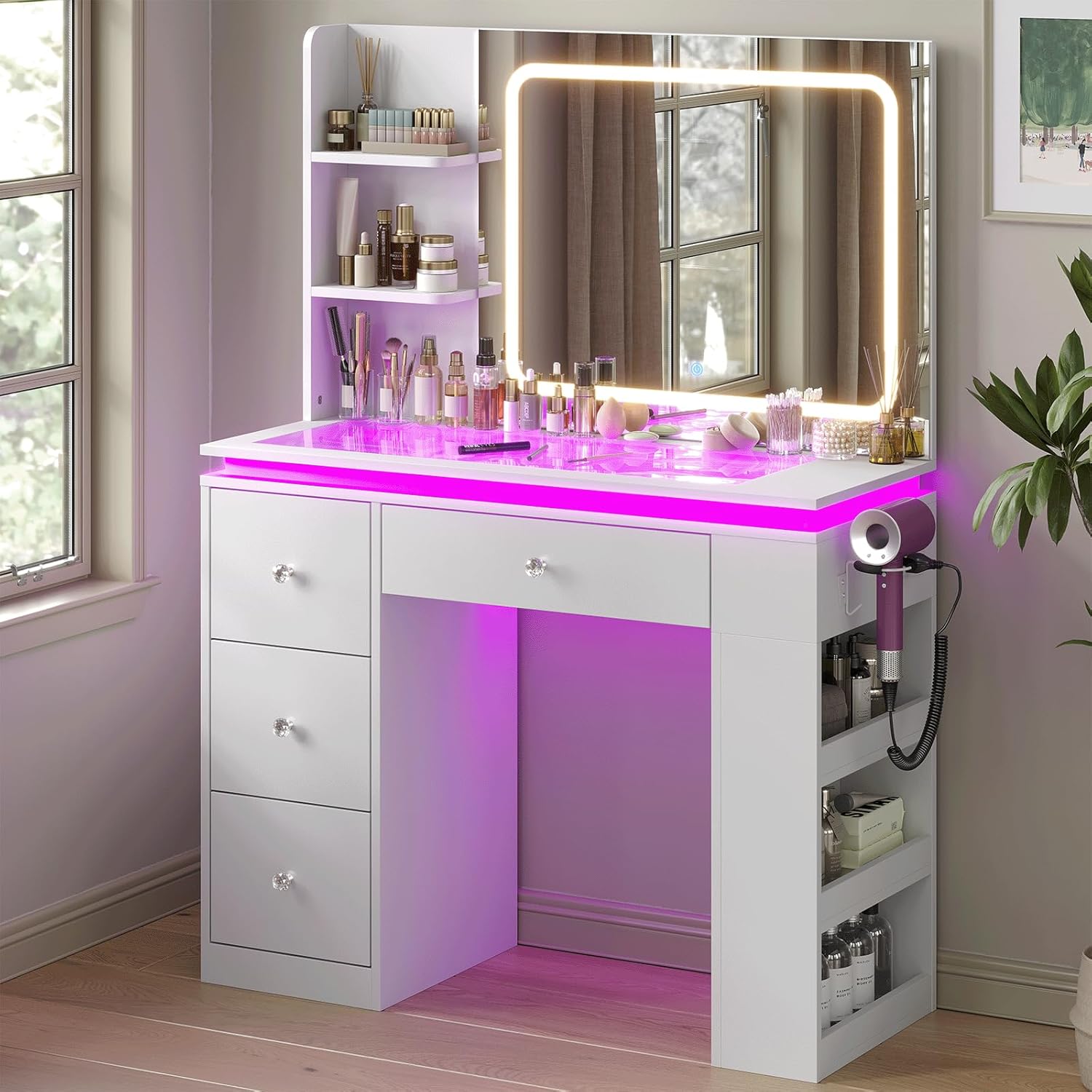 Vanity Desk with Mirror and Lights,Transparent Top Vanitys with 2 RGB Drawers, A Variety of Lighting Modes Brightness Adjustable,Power Outlet, Side-Mounted Large-Capacity Storage, White
