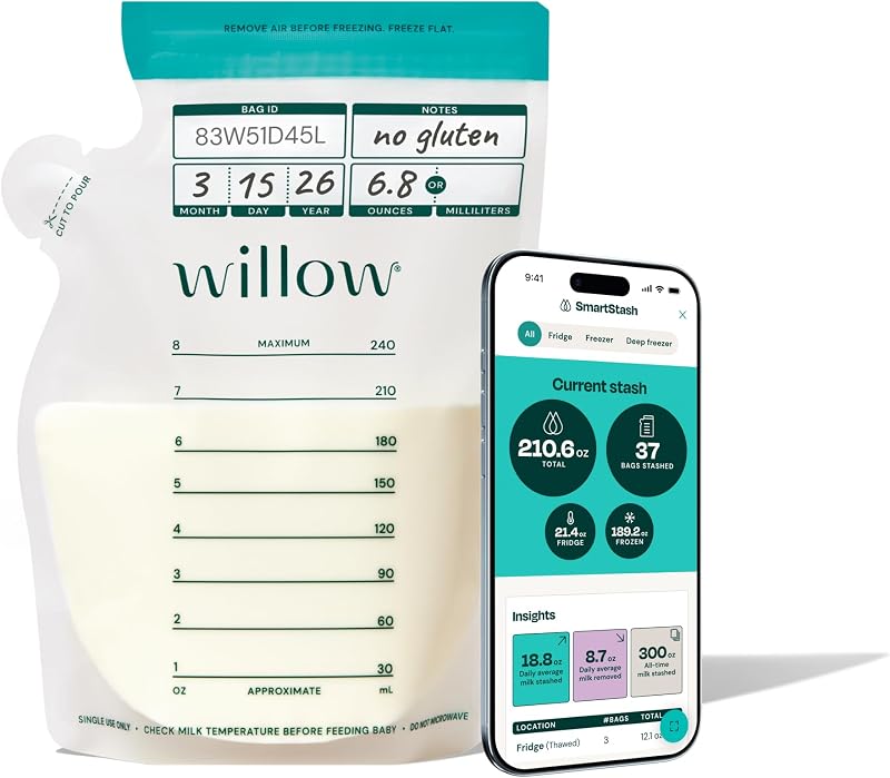 Bolsas de almacenamiento de leche materna Willow de 8 oz - Seguimiento SmartStash - 100 unidades | Doble cierre de cremallera para mayor durabilidad, almacenamiento de leche materna en congelador y refrigerador, boquilla fácil de verter, sin BPA, elementos esenciales para la lactancia