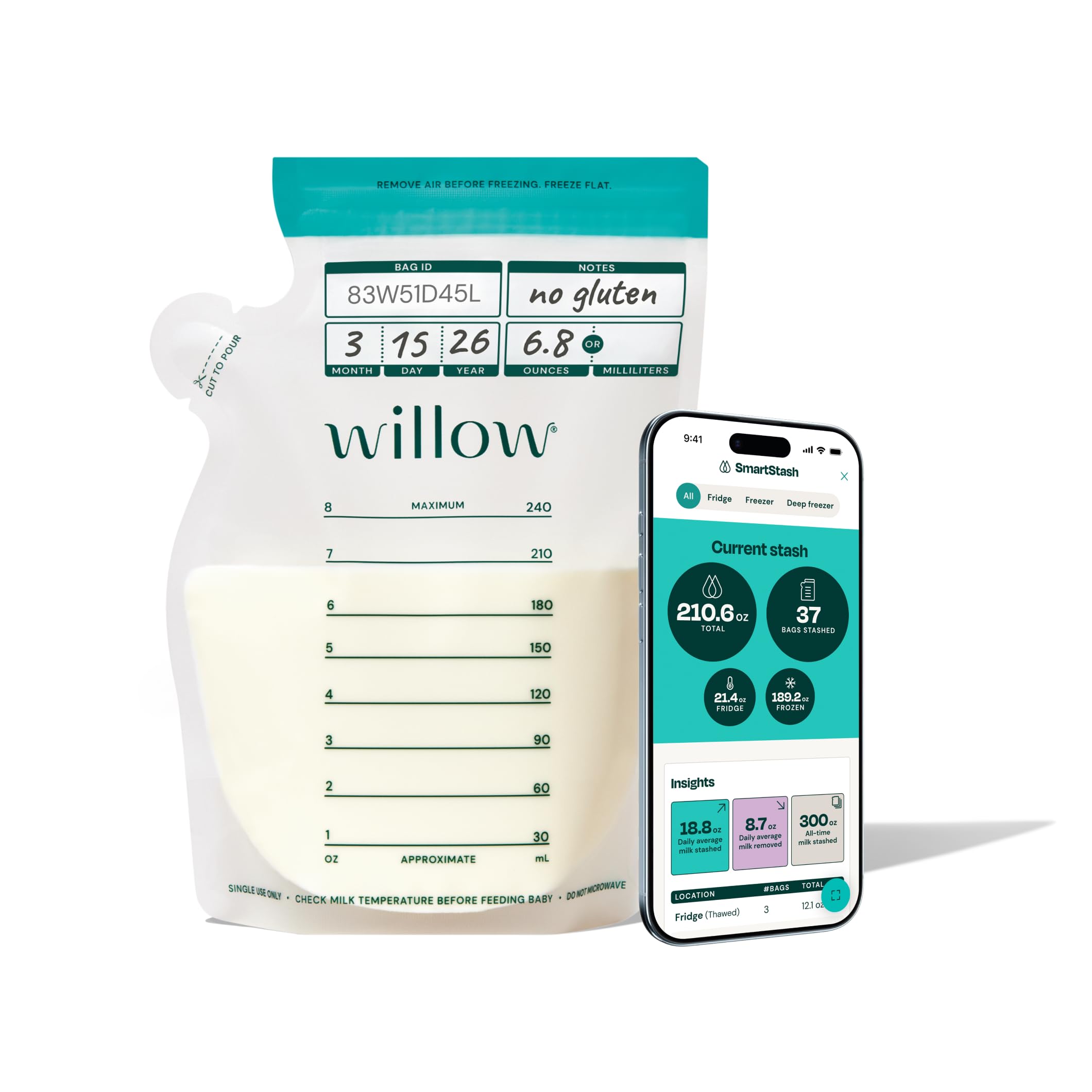 Willow - 8oz Breast Milk Storage Bags - SmartStash Tracking - 100ct - Double Zip Seal for Durability - Freezer & Fridge Breastmilk Storage - Easy Pour