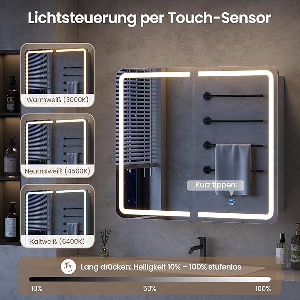 2-türiger Spiegelschrank Bad mit Beleuchtung – 70 cm breit, Alibertschrank mit LED, Touch-Sensor, 3 Lichtfarben, dimmbar & integrierter Ladestation (2 USB + 2 Steckdosen) - 4